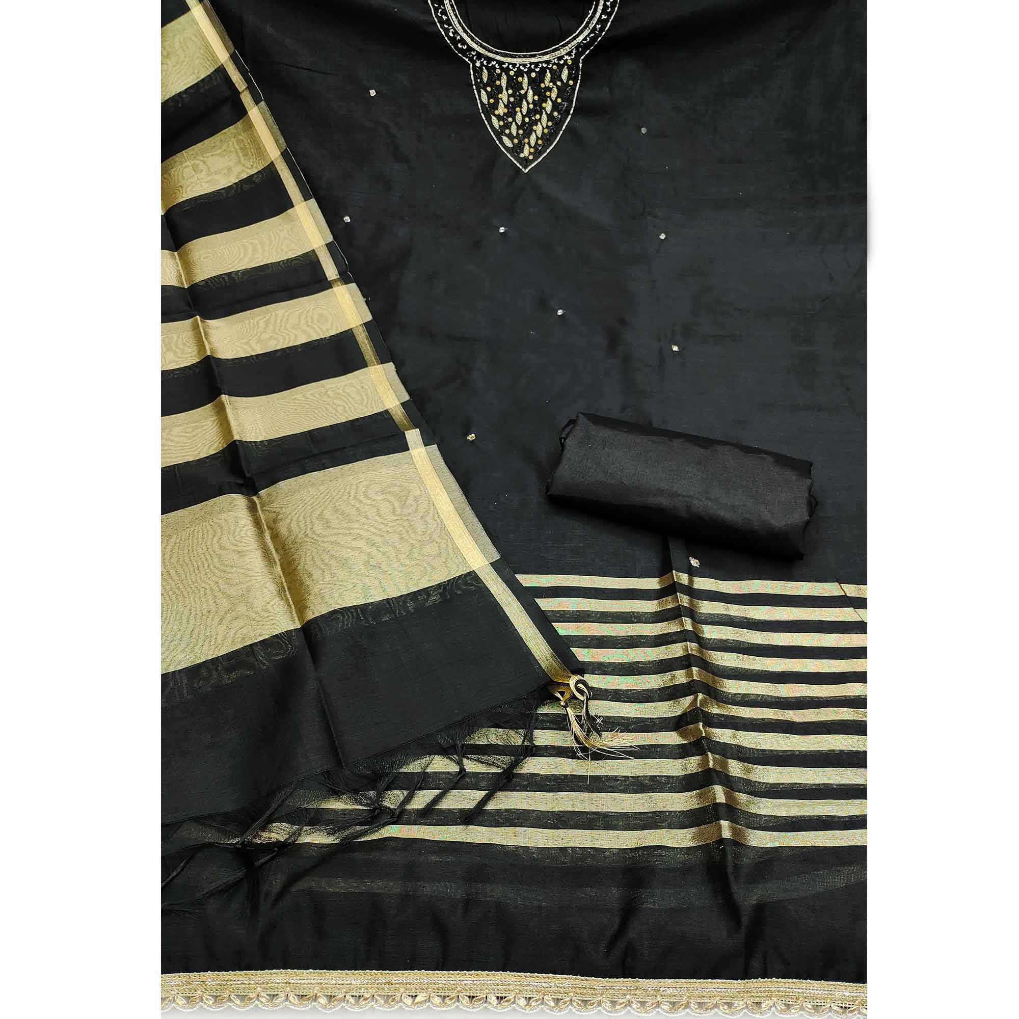 Elegant Black Beads & Sequins Handwork Chanderi Cotton Dress Material With Weaving Striped Pattern - Image 4