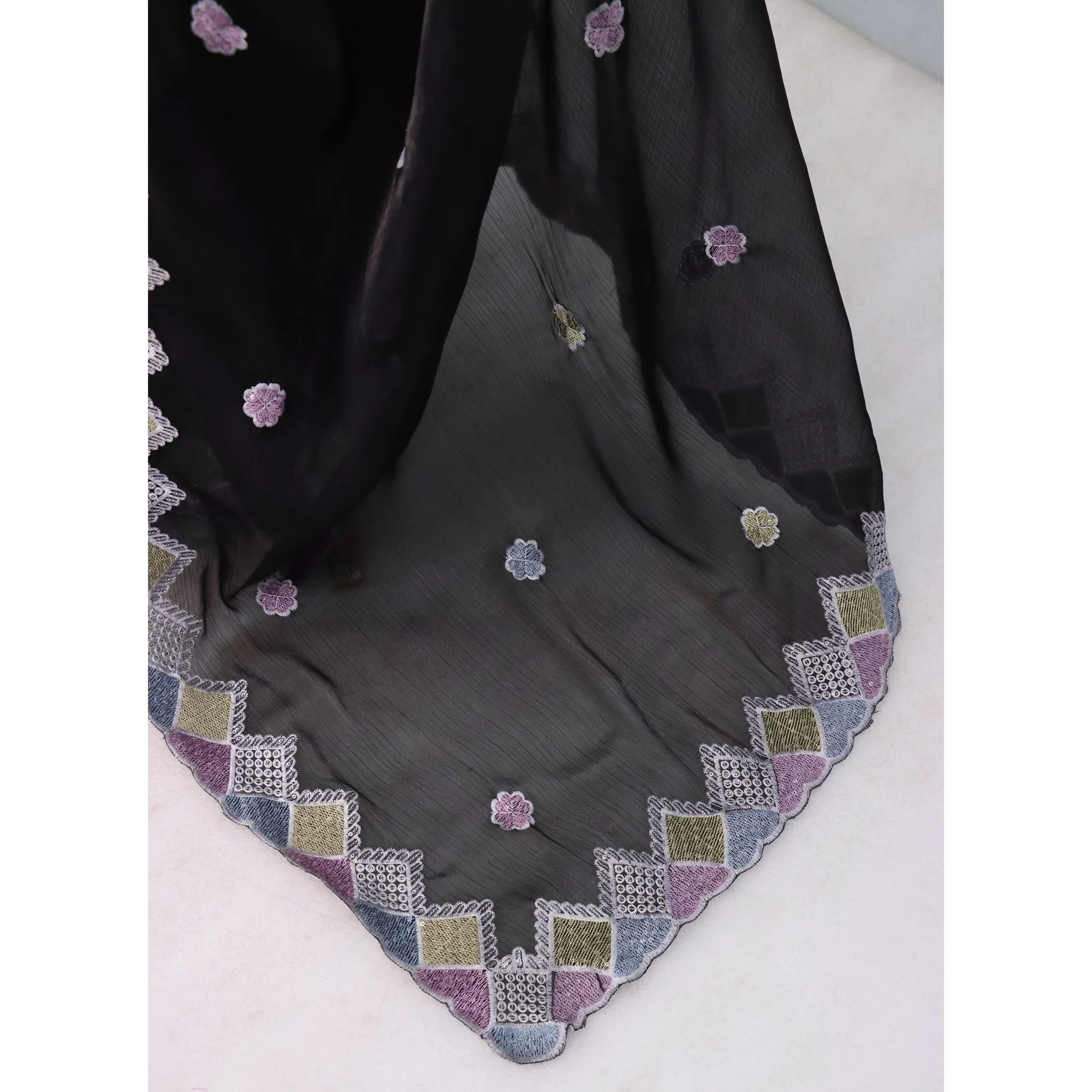 Elegant Black Chiffon Silk Saree Adorned With Delicate Floral Sequin Work - Image 6