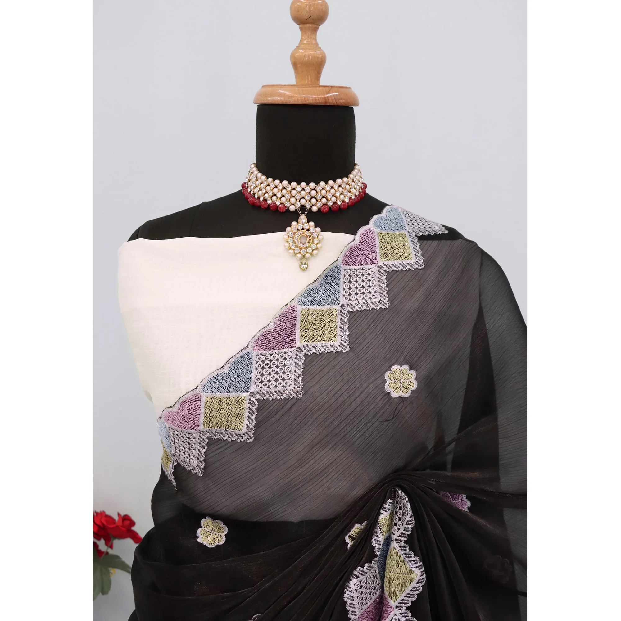 Elegant Black Chiffon Silk Saree Adorned With Delicate Floral Sequin Work - Image 8