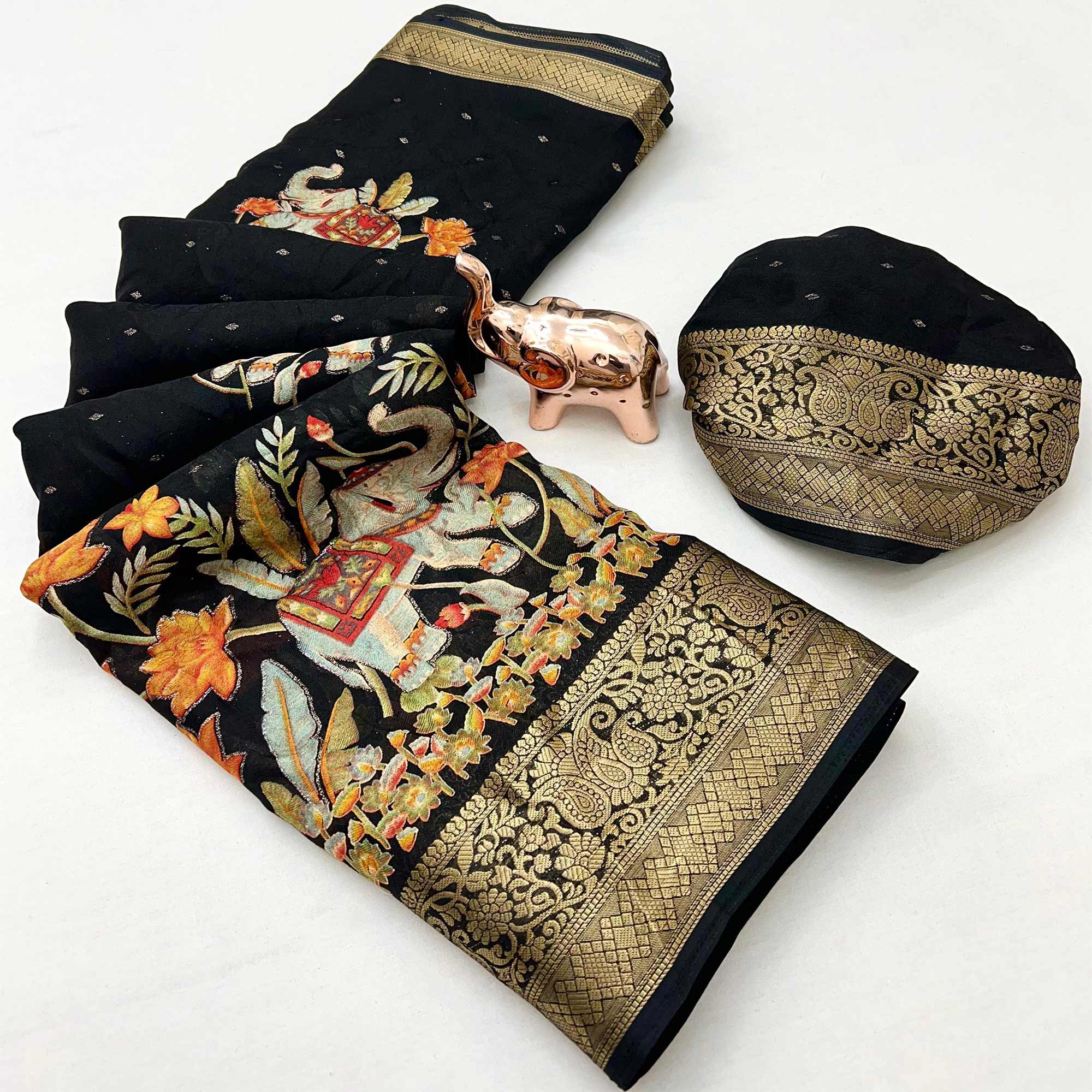 Elegant Black Elephant & Floral Printed Georgette Saree Accented With Gleaming Weaving Zari Border - Image 2