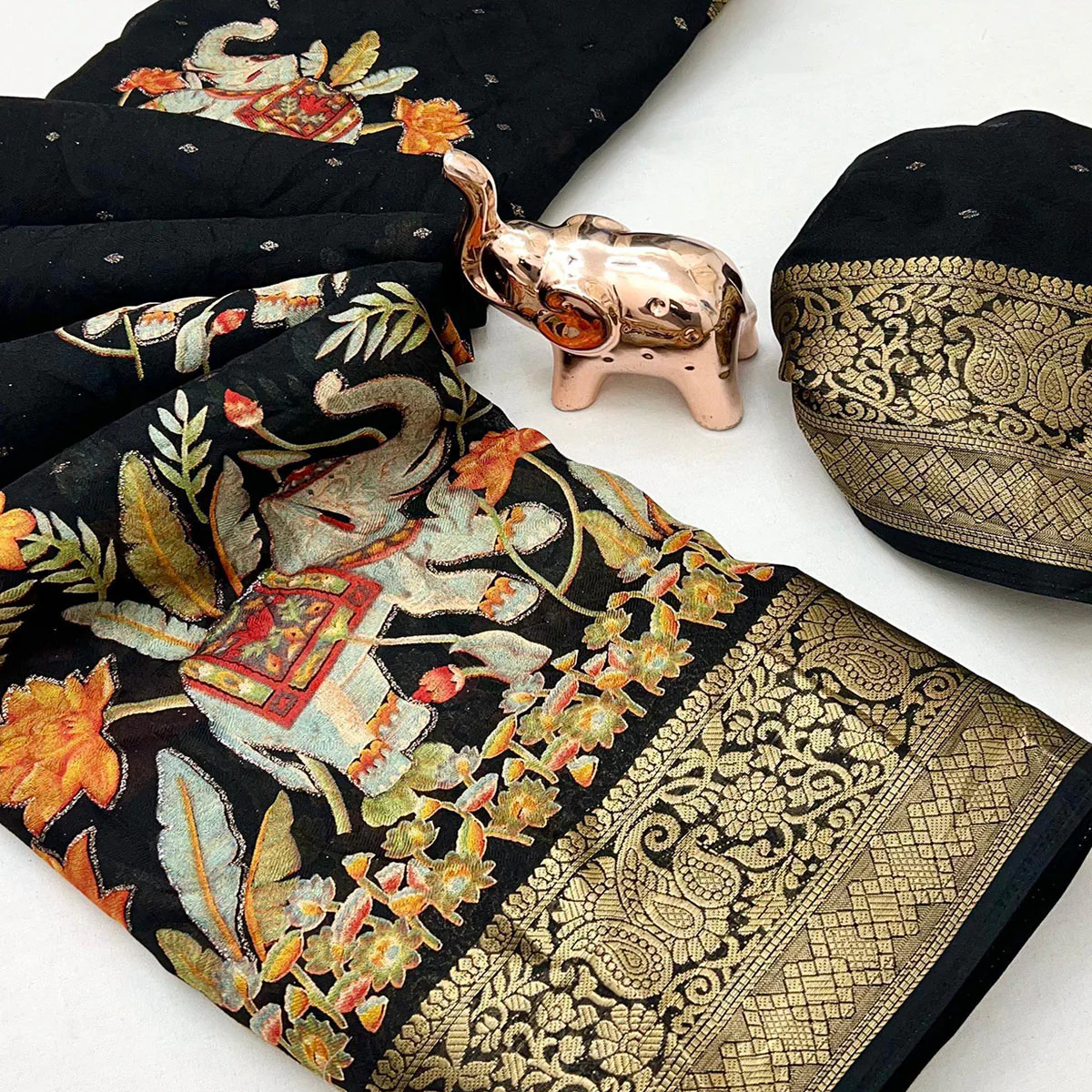 Elegant Black Elephant & Floral Printed Georgette Saree Accented With Gleaming Weaving Zari Border - Image 3