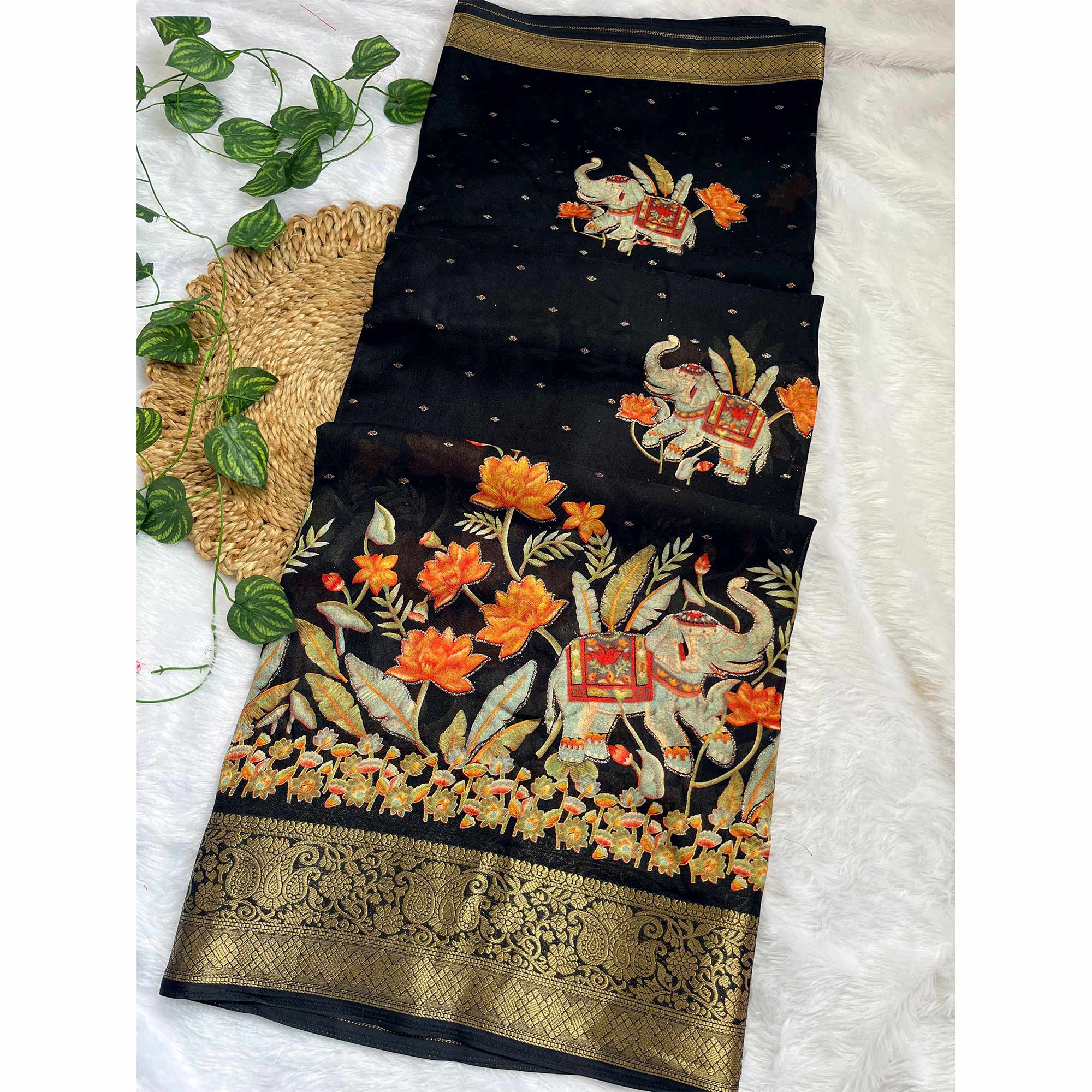 Elegant Black Elephant & Floral Printed Georgette Saree Accented With Gleaming Weaving Zari Border - Image 4