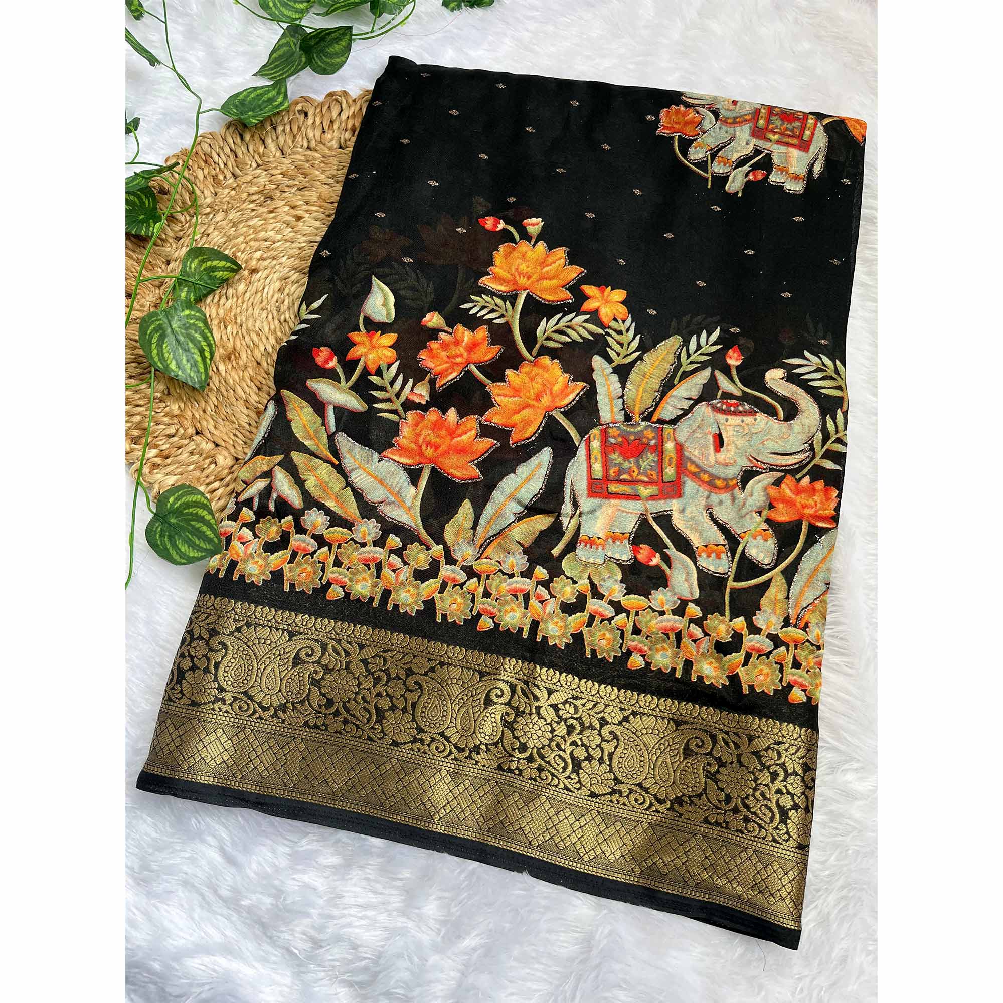 Elegant Black Elephant & Floral Printed Georgette Saree Accented With Gleaming Weaving Zari Border - Image 5