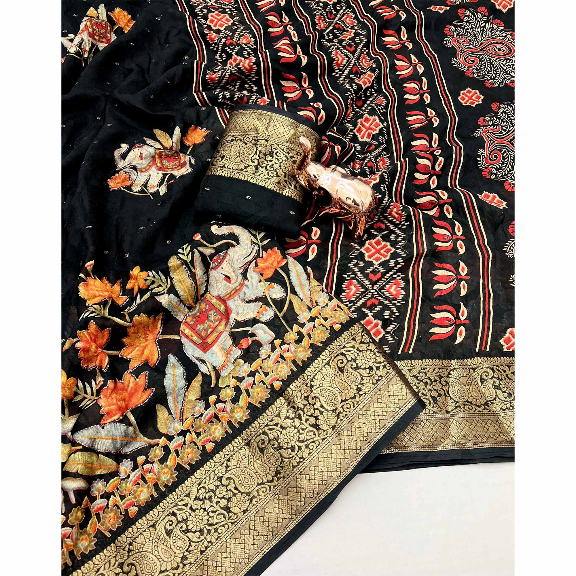 Elegant Black Elephant & Floral Printed Georgette Saree Accented With Gleaming Weaving Zari Border - Image 7