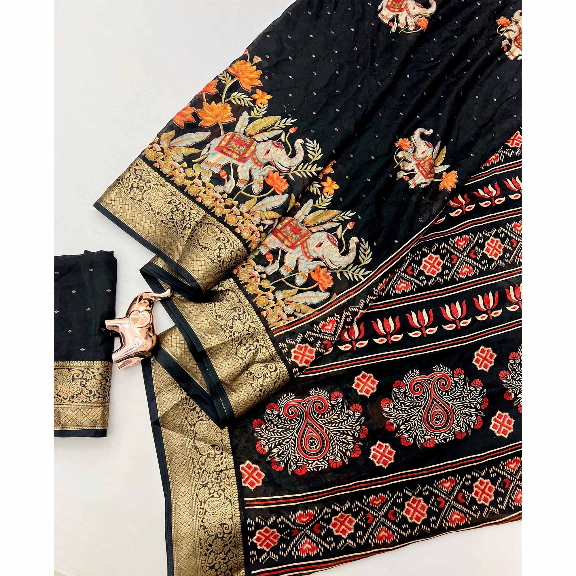 Elegant Black Elephant & Floral Printed Georgette Saree Accented With Gleaming Weaving Zari Border - Image 9