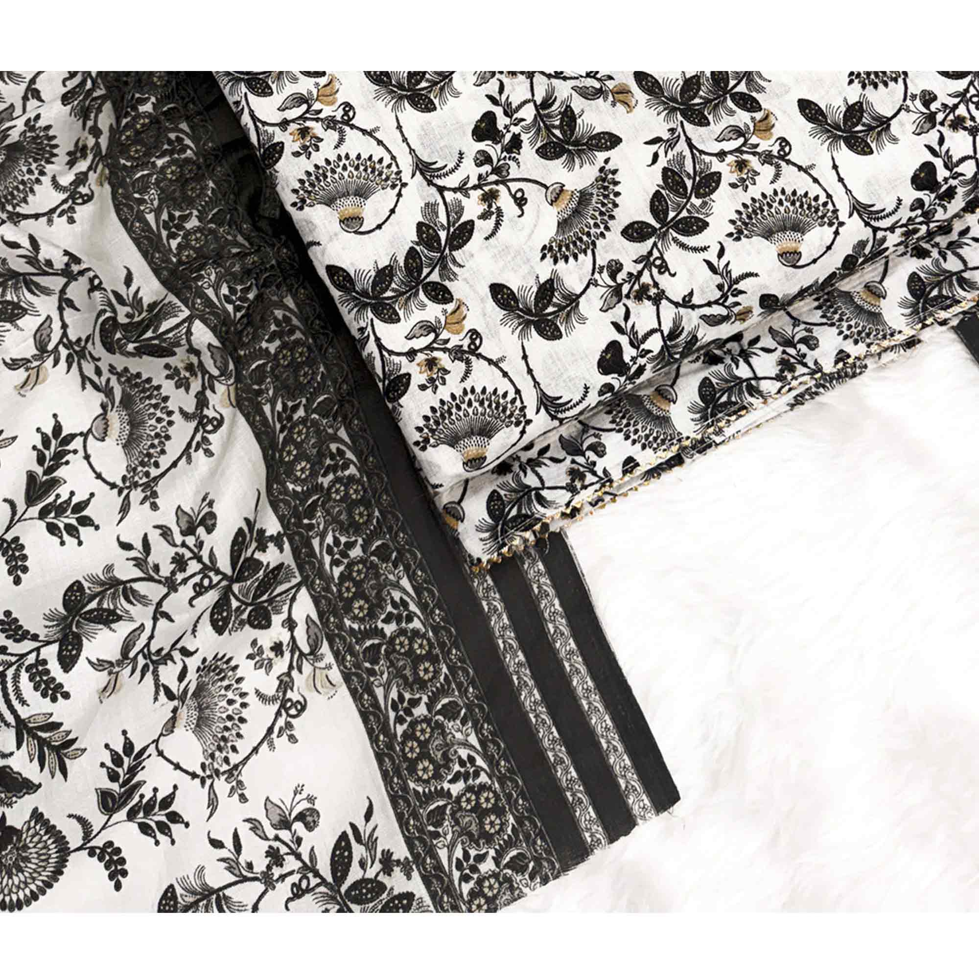 Elegant Black Floral Printed Pure Cotton Dress Material With Tie Neck & Fancy Button - Image 5