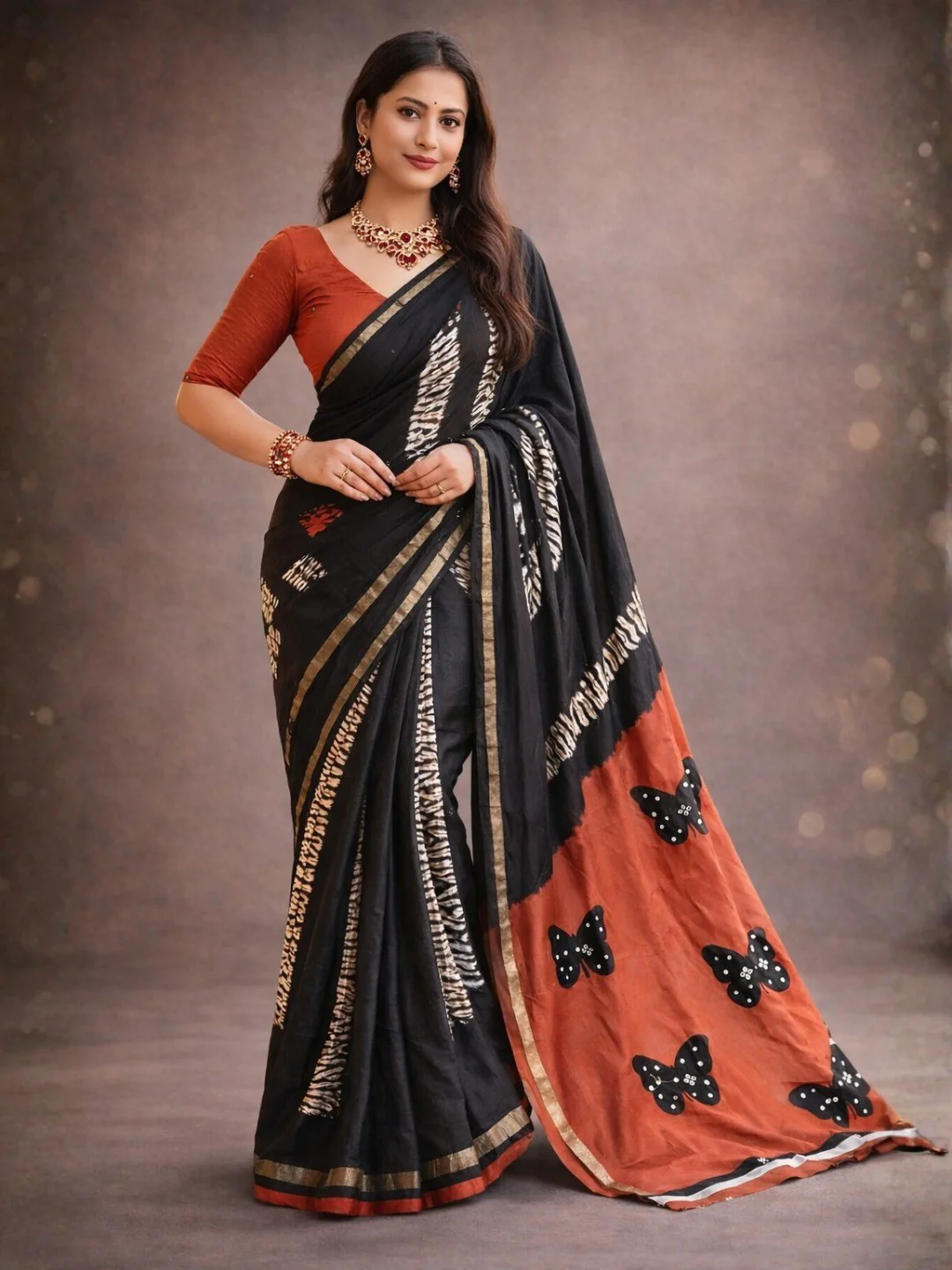 Elegant Black Mysore Silk Saree with Butterfly Print