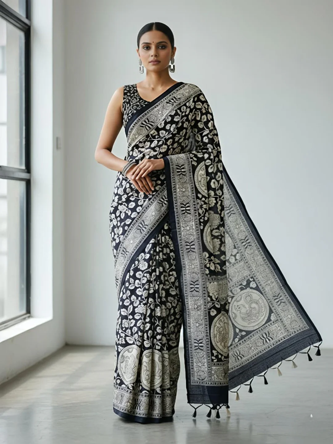 Elegant Black Mysore Silk Saree with Traditional Floral and Animal Print