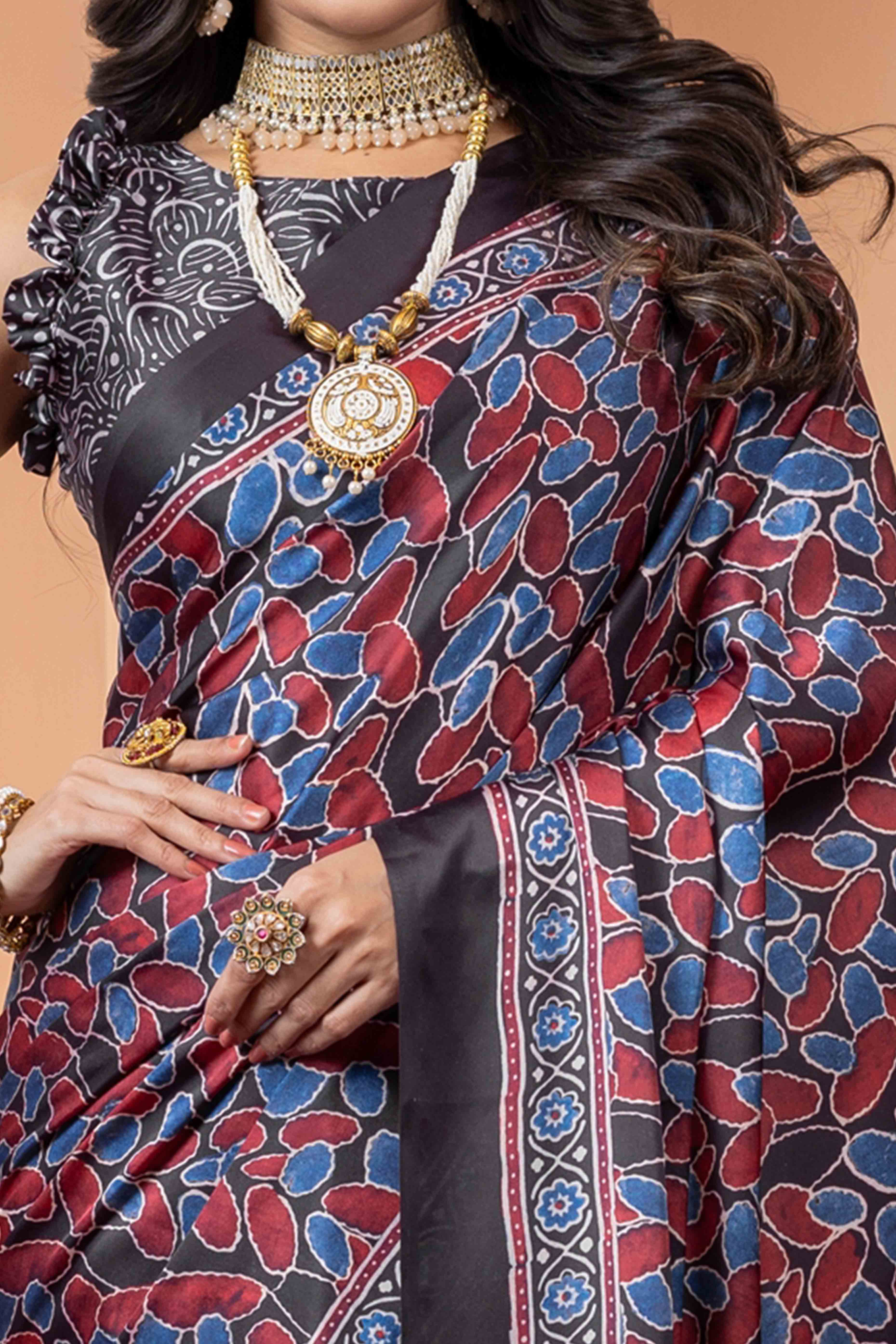 Elegant Black & Red Satin Saree with Ajrakh Patterns - Image 2