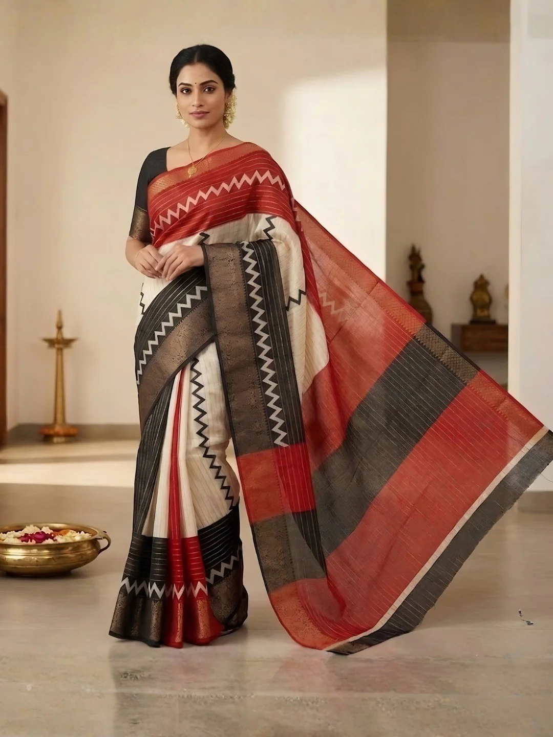 Elegant Black & Red Striped Weaving Georgette Saree Enhanced With Zig Zag Print Work