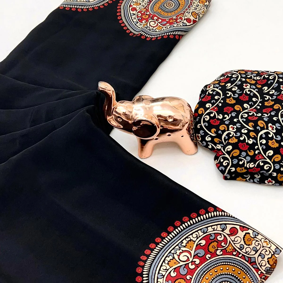 Elegant Black Satin Saree with Ajrakh Inspired Floral Prints - Image 2