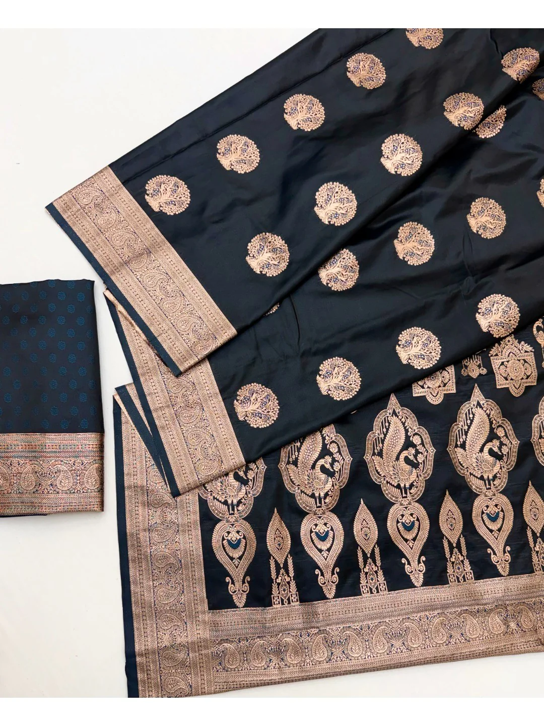 Elegant Black Satin Saree with Sophisticated Zari Weaving and Floral Motifs - Image 3