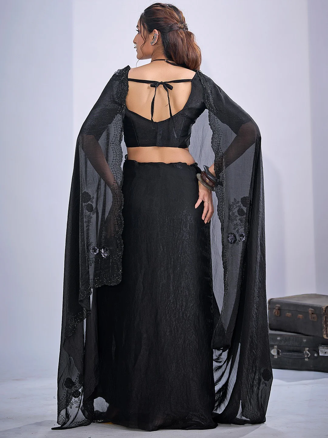 Elegant Black Satin Silk Saree With Stonework Combined With Cut Dana & Sequin Applic Design - Image 3
