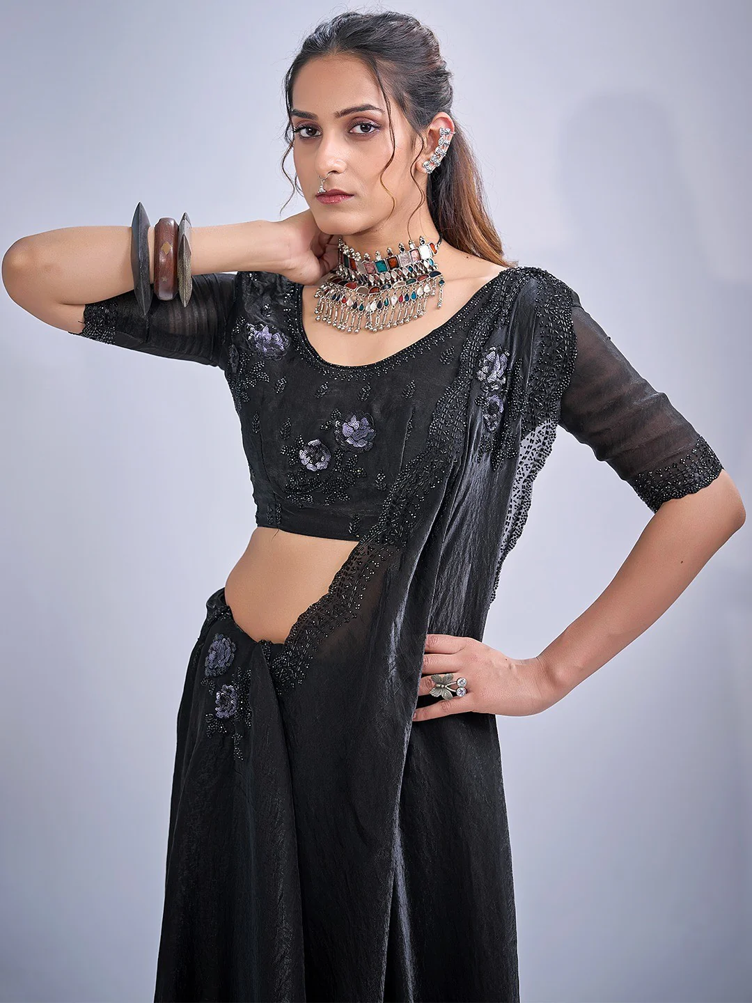 Elegant Black Satin Silk Saree With Stonework Combined With Cut Dana & Sequin Applic Design - Image 4