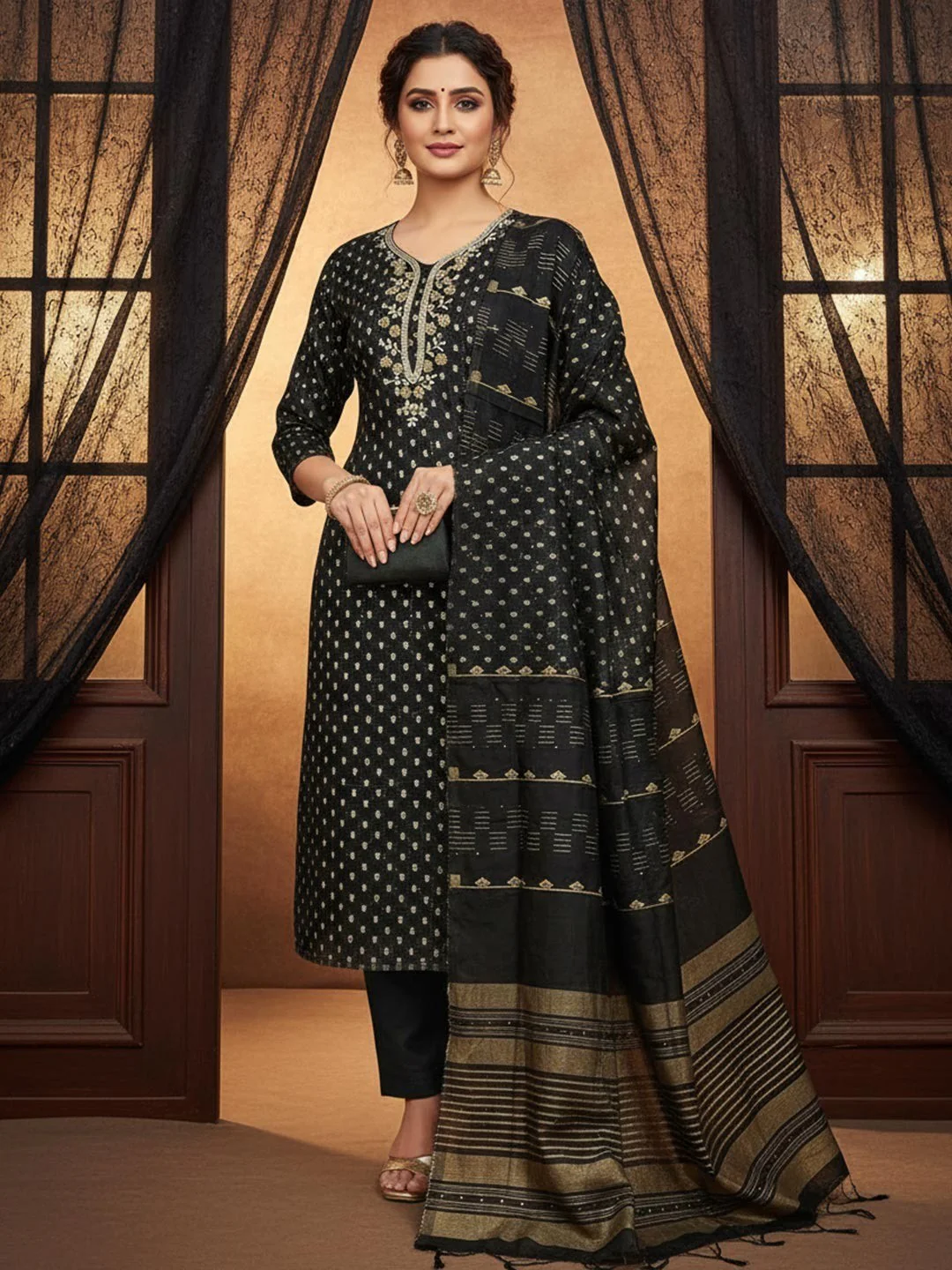 Elegant Black Sequins Embroidered Chanderi Jacquard Dress Material With Beads & Moti Handwork
