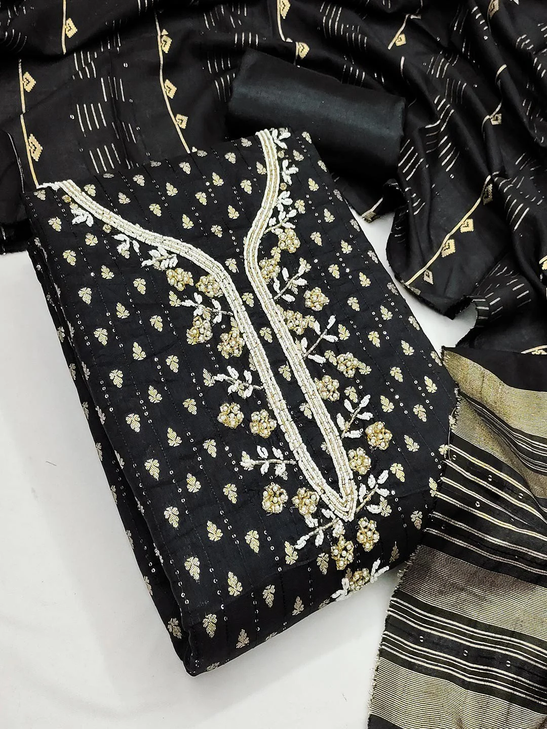 Elegant Black Sequins Embroidered Chanderi Jacquard Dress Material With Beads & Moti Handwork - Image 6