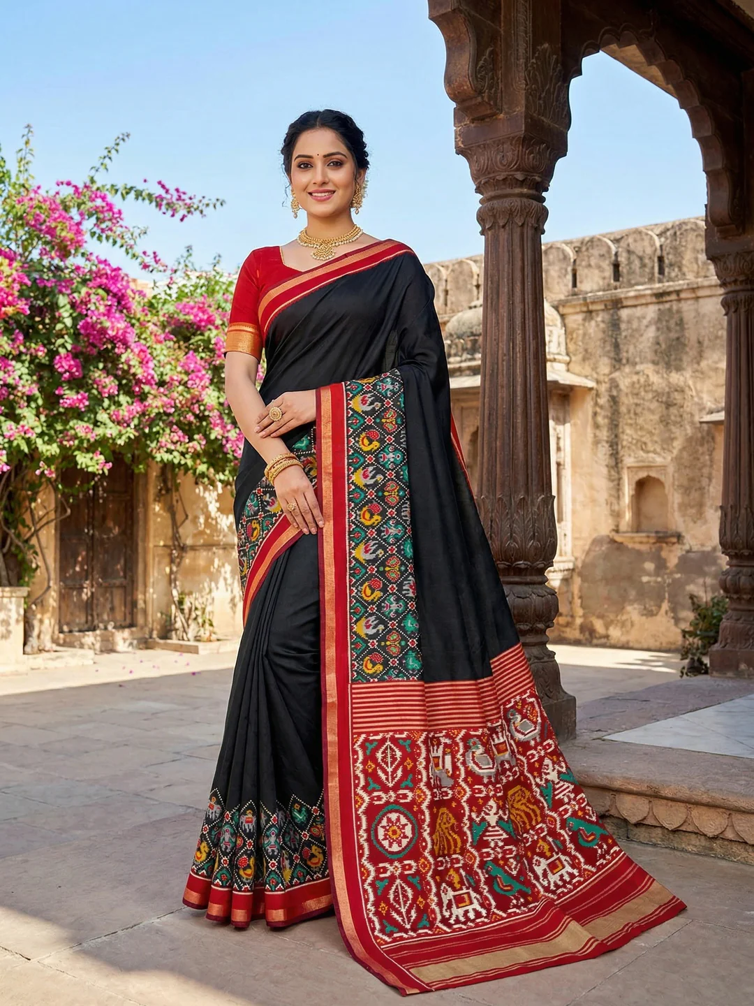 Elegant Black Viscose Saree with Ikkat Print and Red Border
