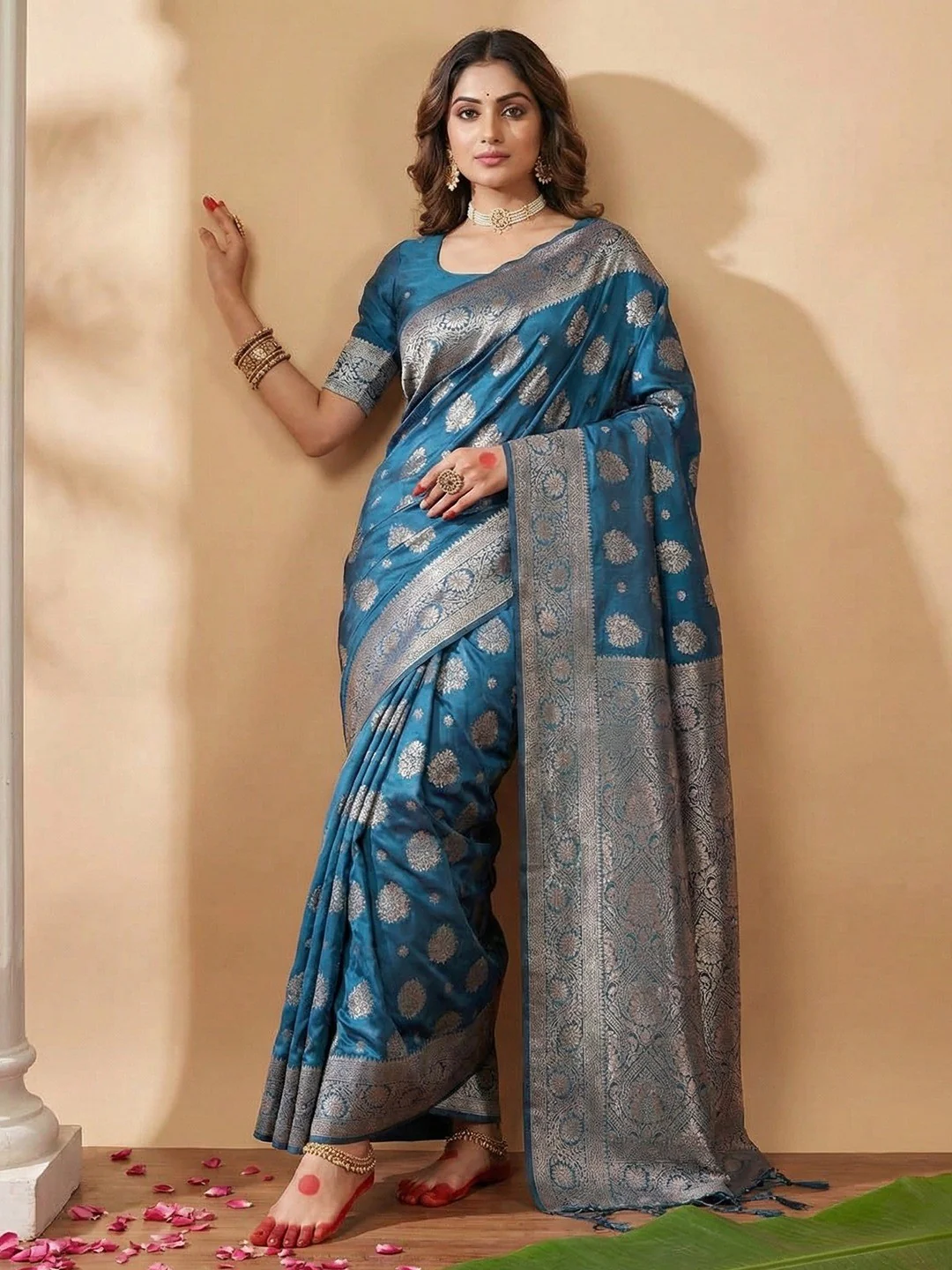Elegant Blue Banarasi Silk Saree Featuring Intricate Floral Weaving With Graceful Tassel Pallu