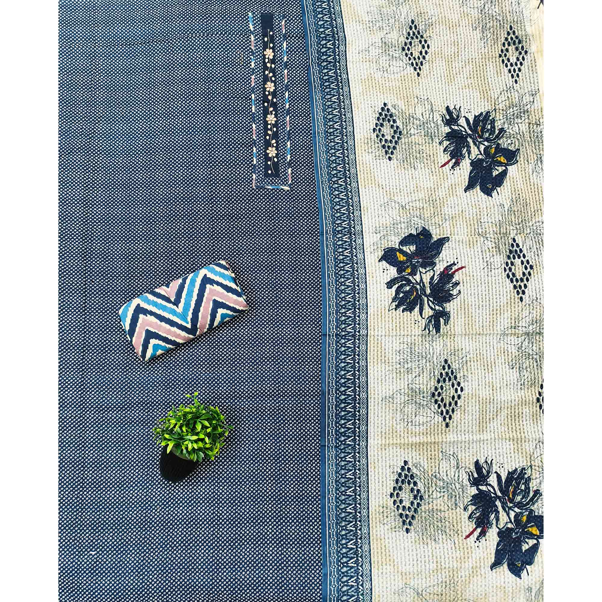 Elegant Blue Bandhani Printed Pure Cotton Dress Material Enhanced With Delicate Floral Handwork - Image 3