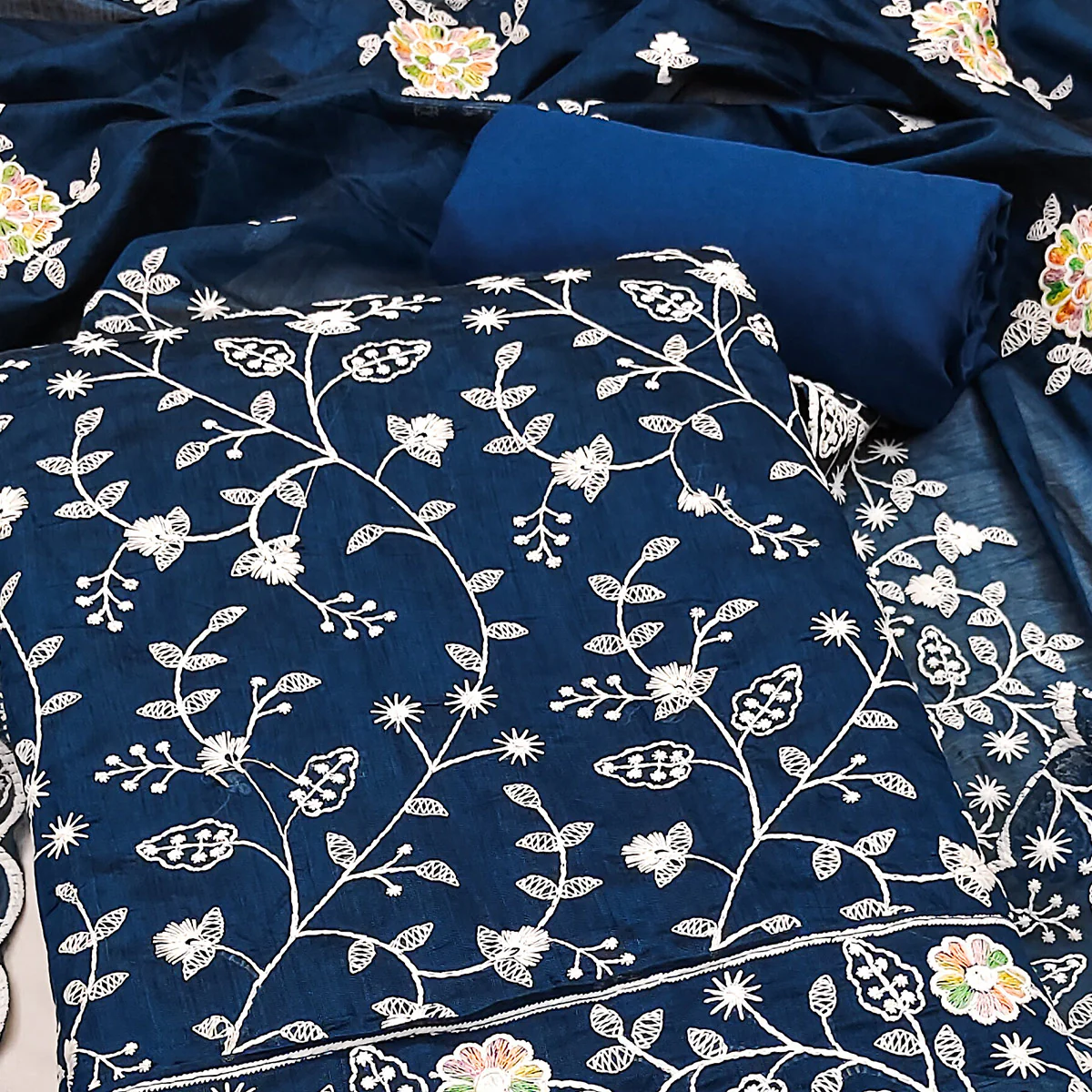 Elegant Blue Chanderi Silk Dress Material Adorned With Graceful Floral Thread Embroidery - Image 2