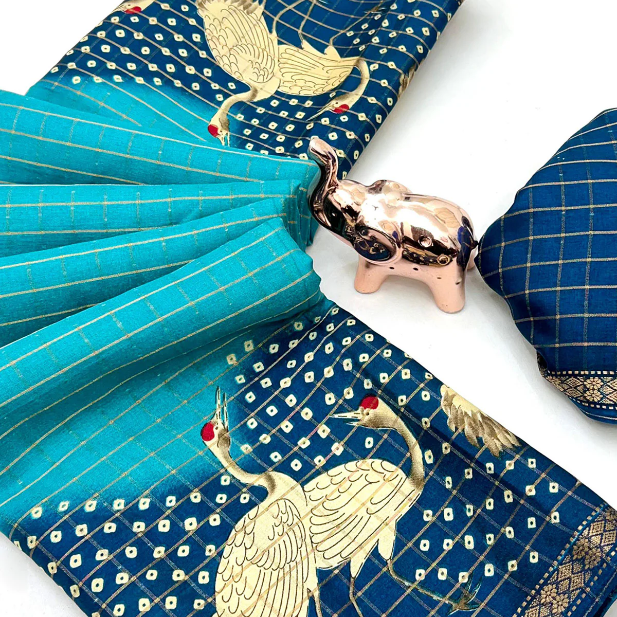 Elegant Blue Checks Weaving Tussar Silk Blend Saree Adorned With Artistic Bird Prints - Image 2