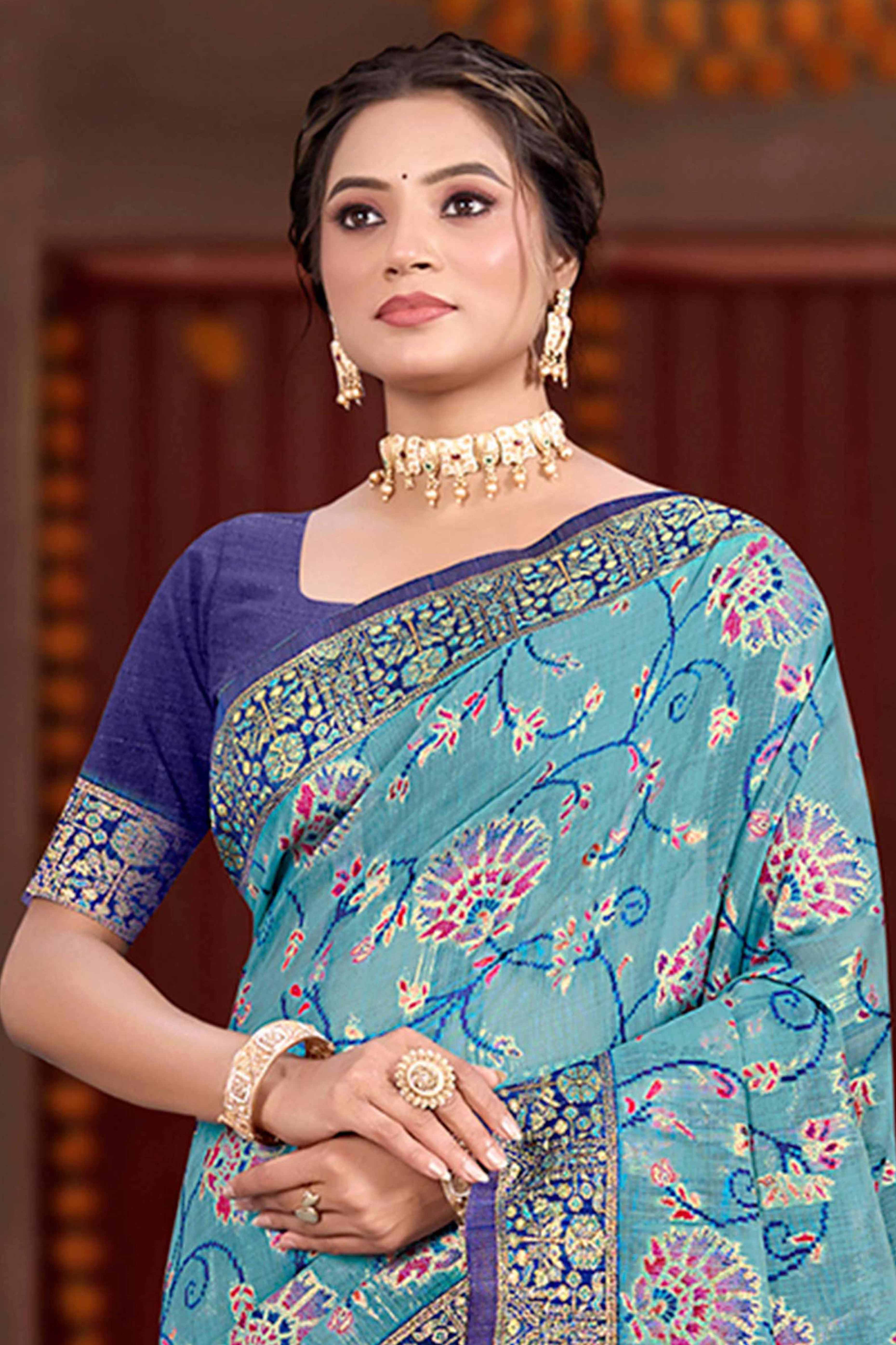 Elegant Blue Cotton Silk Saree Adorned With Floral Weaving & Graceful Tassel Pallu - Image 3