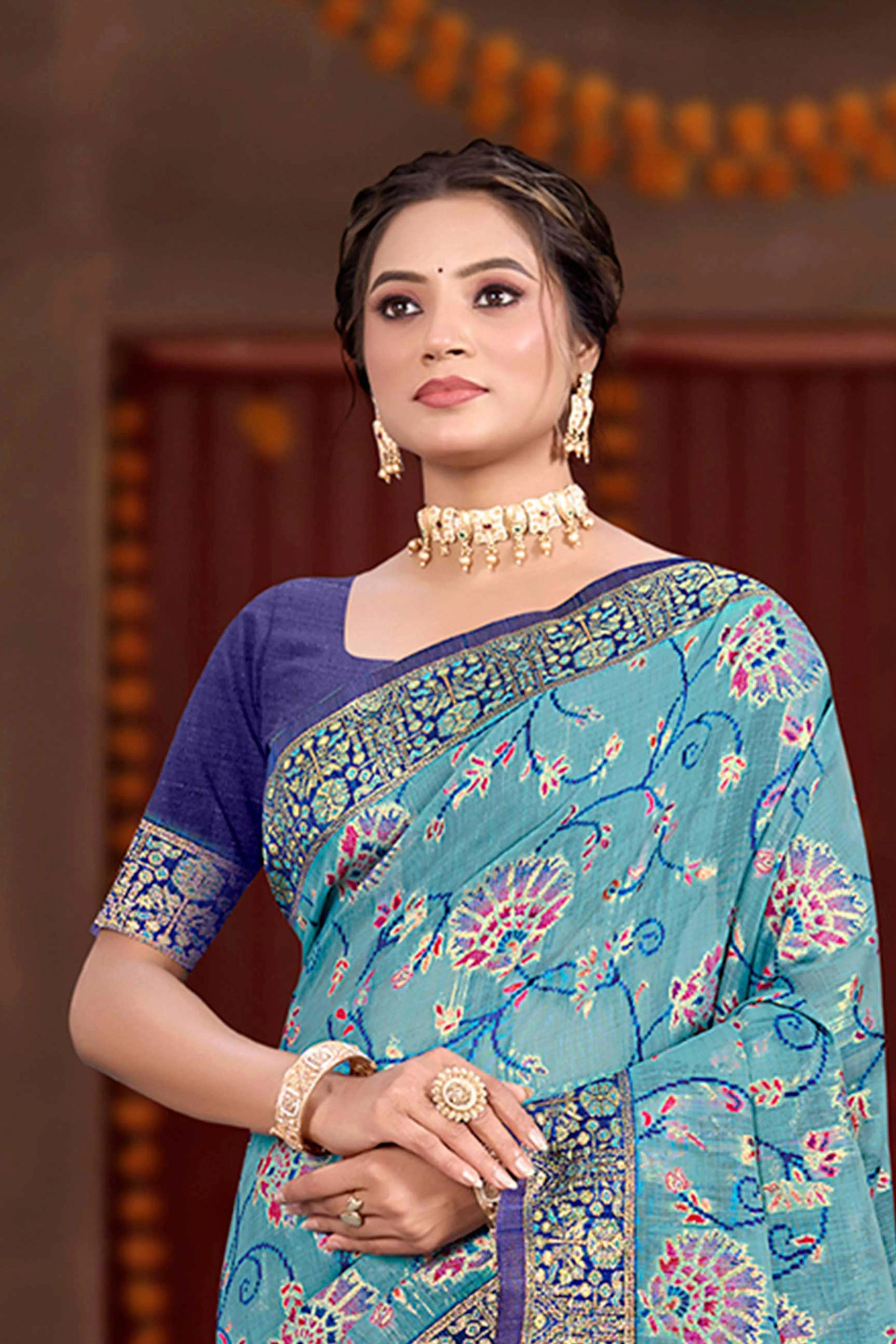Elegant Blue Cotton Silk Saree Adorned With Floral Weaving & Graceful Tassel Pallu - Image 4