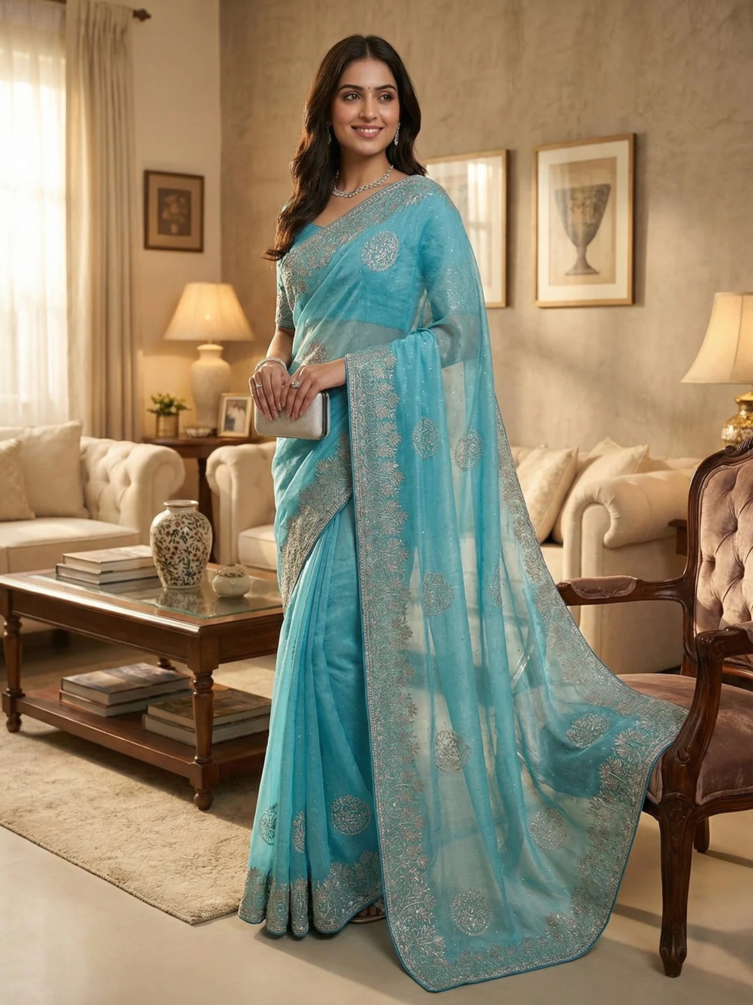 Elegant Blue Crunchy Saree Adorned With Floral Embroidery & Shimmering Swarovski Work