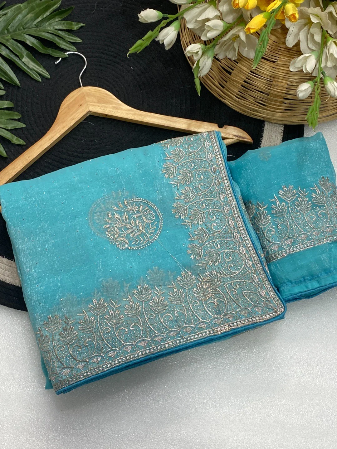 Elegant Blue Crunchy Saree Adorned With Floral Embroidery & Shimmering Swarovski Work - Image 2