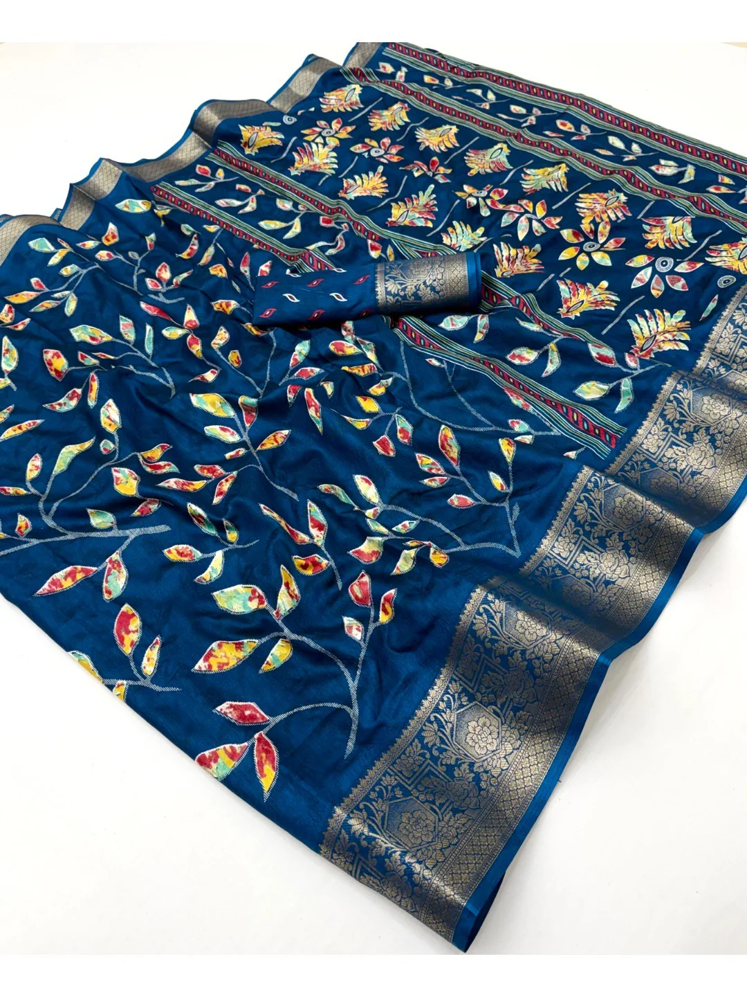 Elegant Blue Dola Silk Saree with Floral Print and Zari Border - Image 3