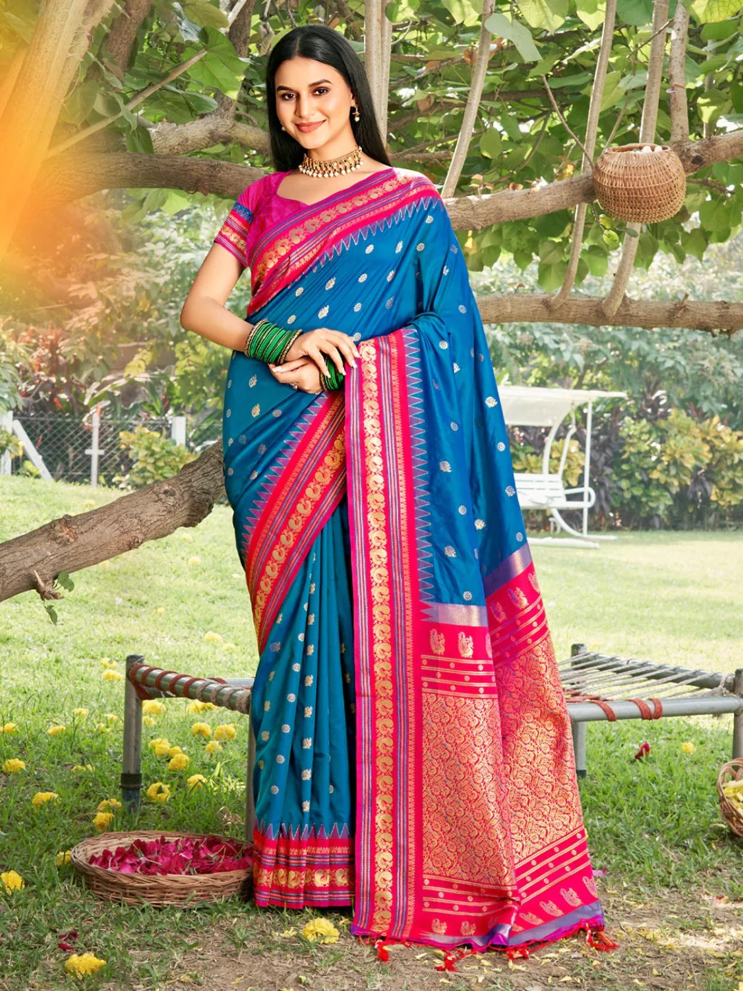 Elegant Blue Ethnic Motifs Zari Silk Blend Saree for Festive Occasions