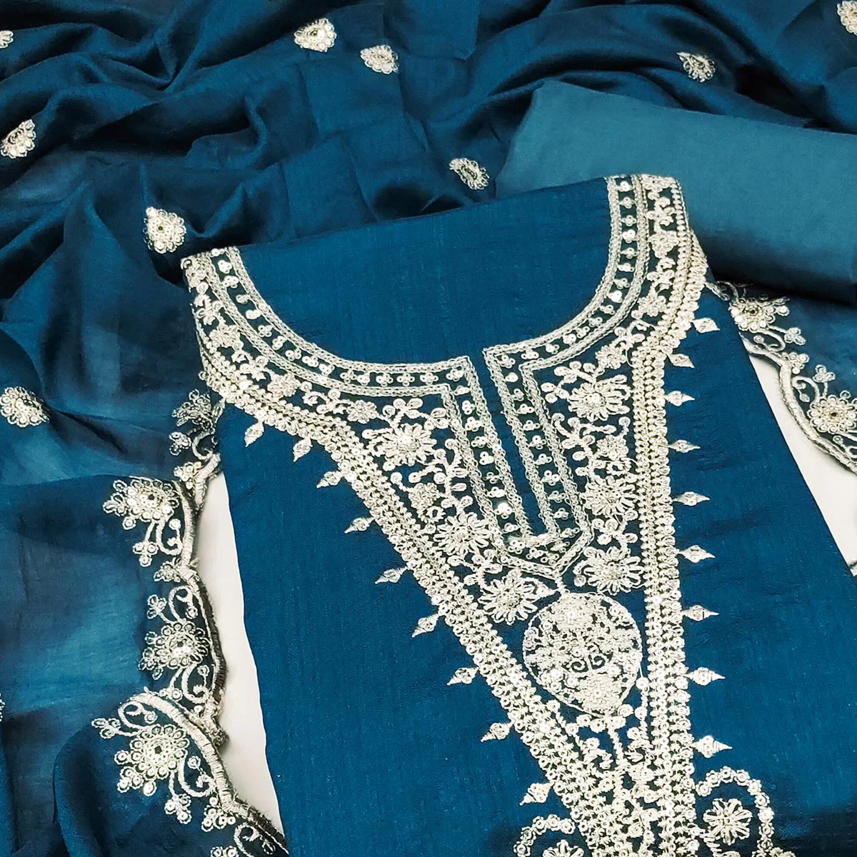 Elegant Blue Floral Embroidered Dress Material In Vichitra Silk With Sequins Detailing - Image 2
