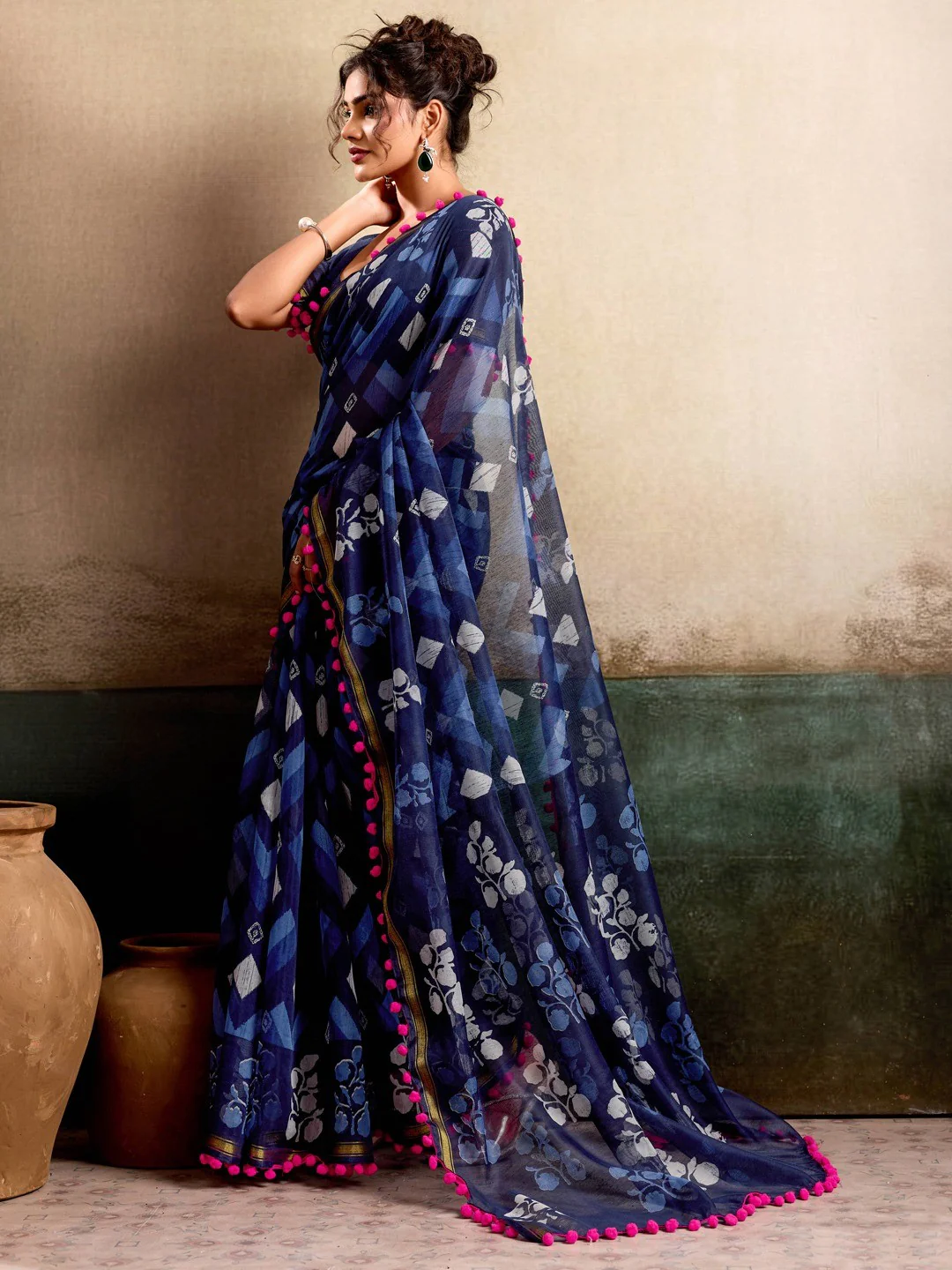 Elegant Blue Floral Printed Mulmul Cotton Saree With Soft Lightweight Drape - Image 4