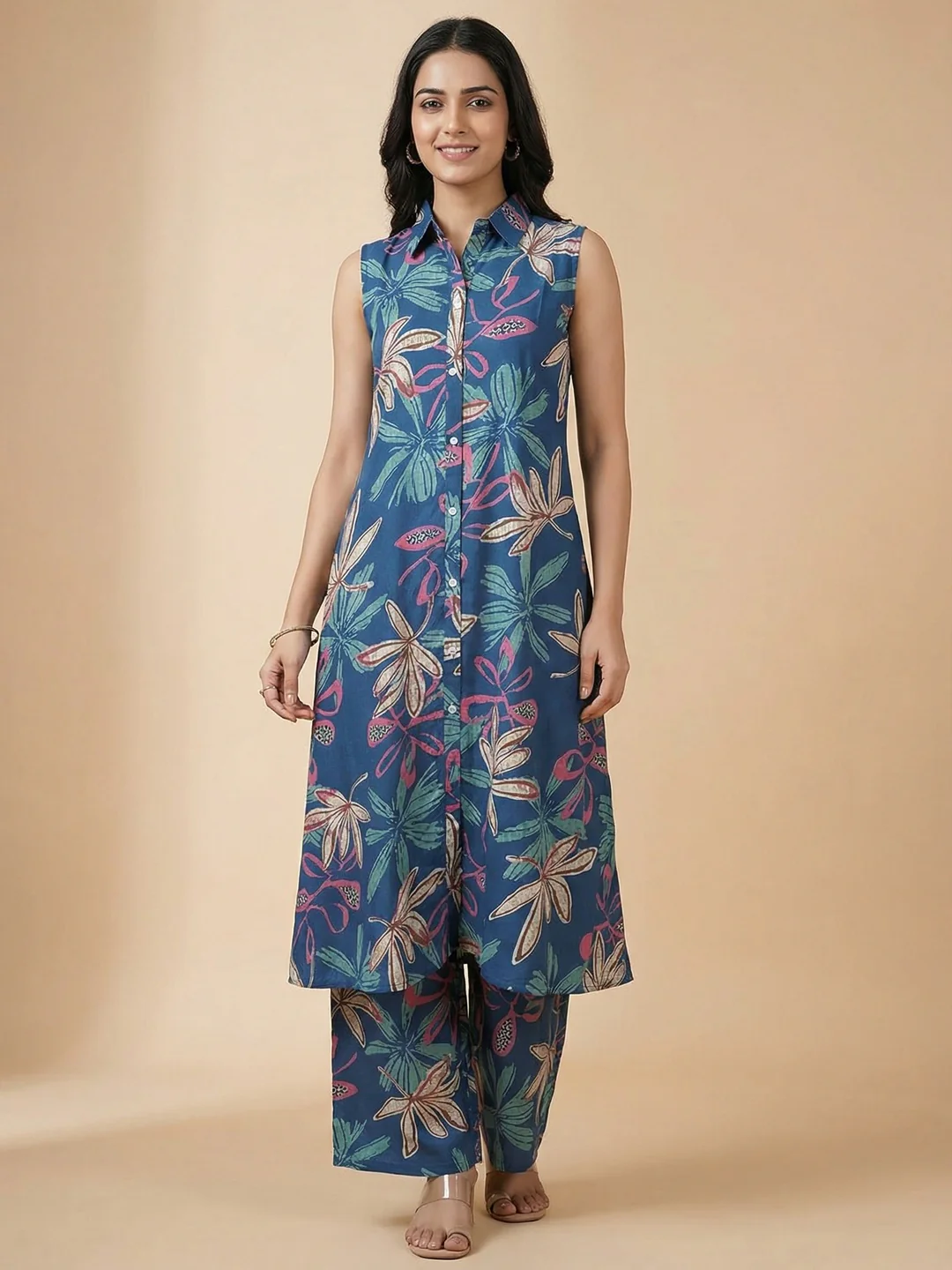 Elegant Blue Floral Printed Rayon A-Line Top Bottom Set