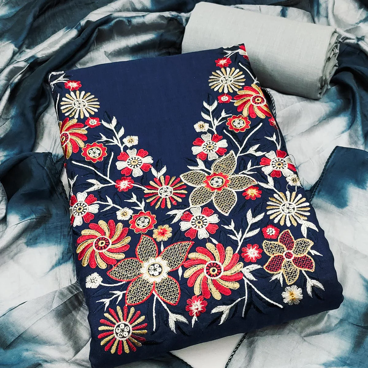 Elegant Blue Floral Thread Embroidered Cotton Blend Dress Material With Gota Patti Work - Image 2