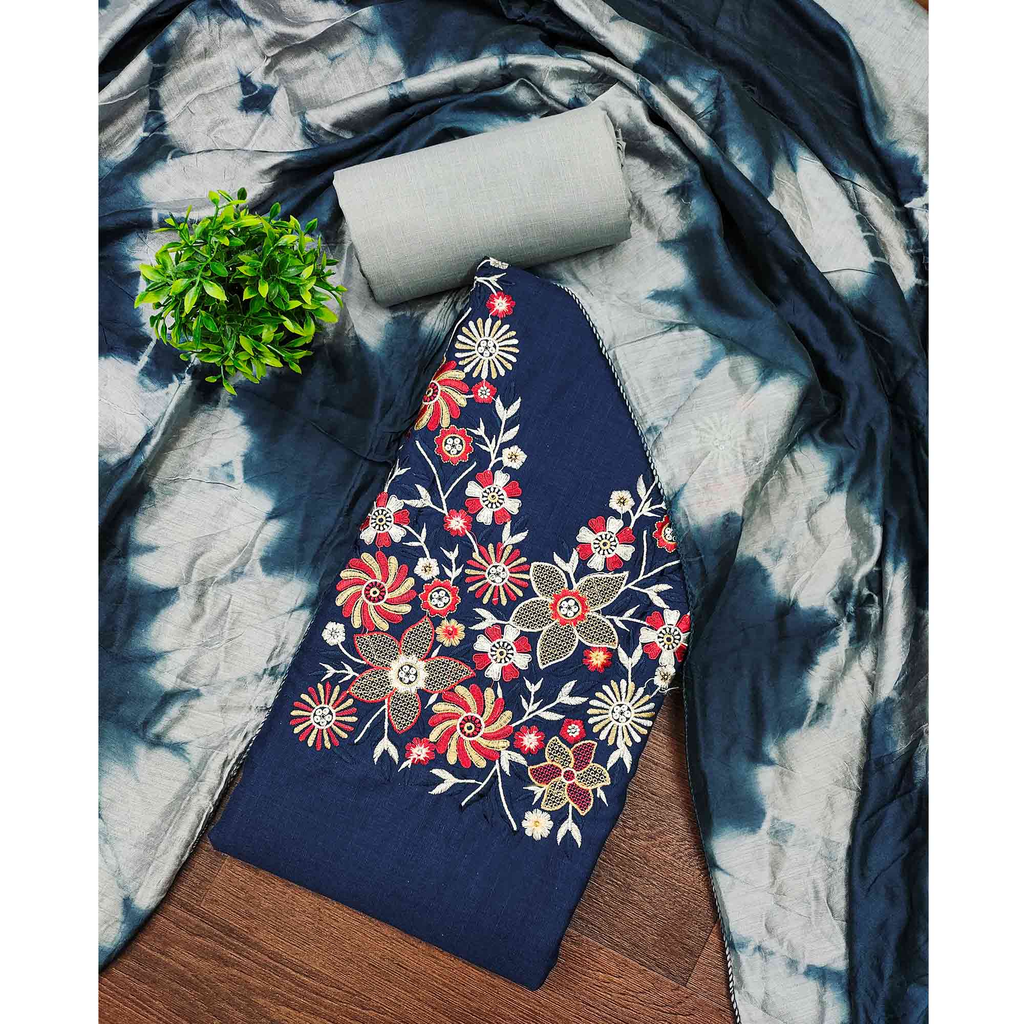 Elegant Blue Floral Thread Embroidered Cotton Blend Dress Material With Gota Patti Work - Image 3