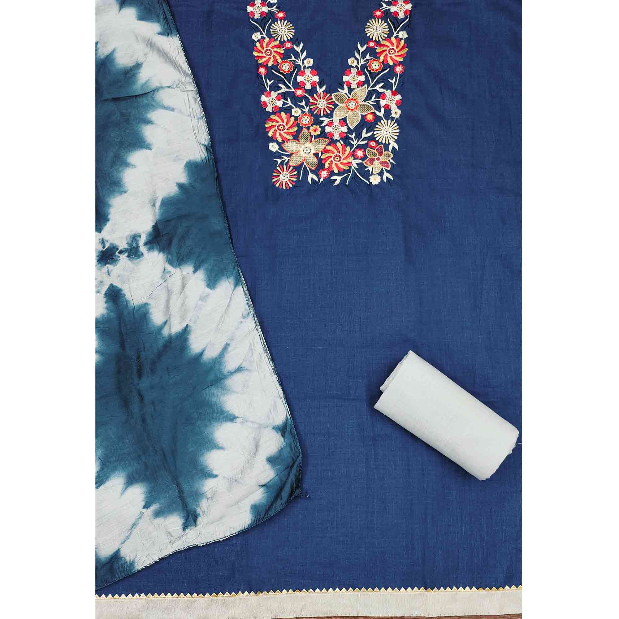 Elegant Blue Floral Thread Embroidered Cotton Blend Dress Material With Gota Patti Work - Image 4