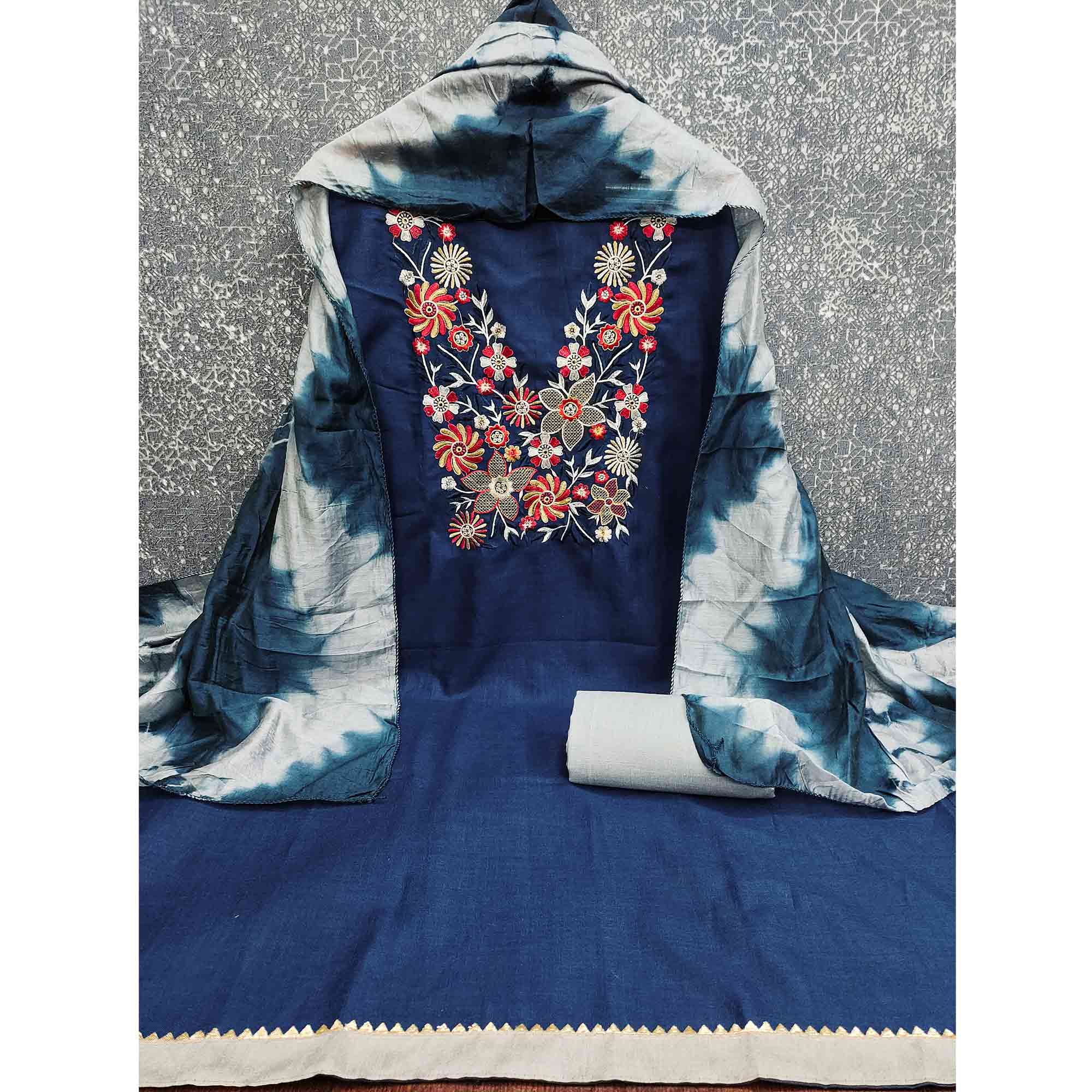 Elegant Blue Floral Thread Embroidered Cotton Blend Dress Material With Gota Patti Work - Image 5