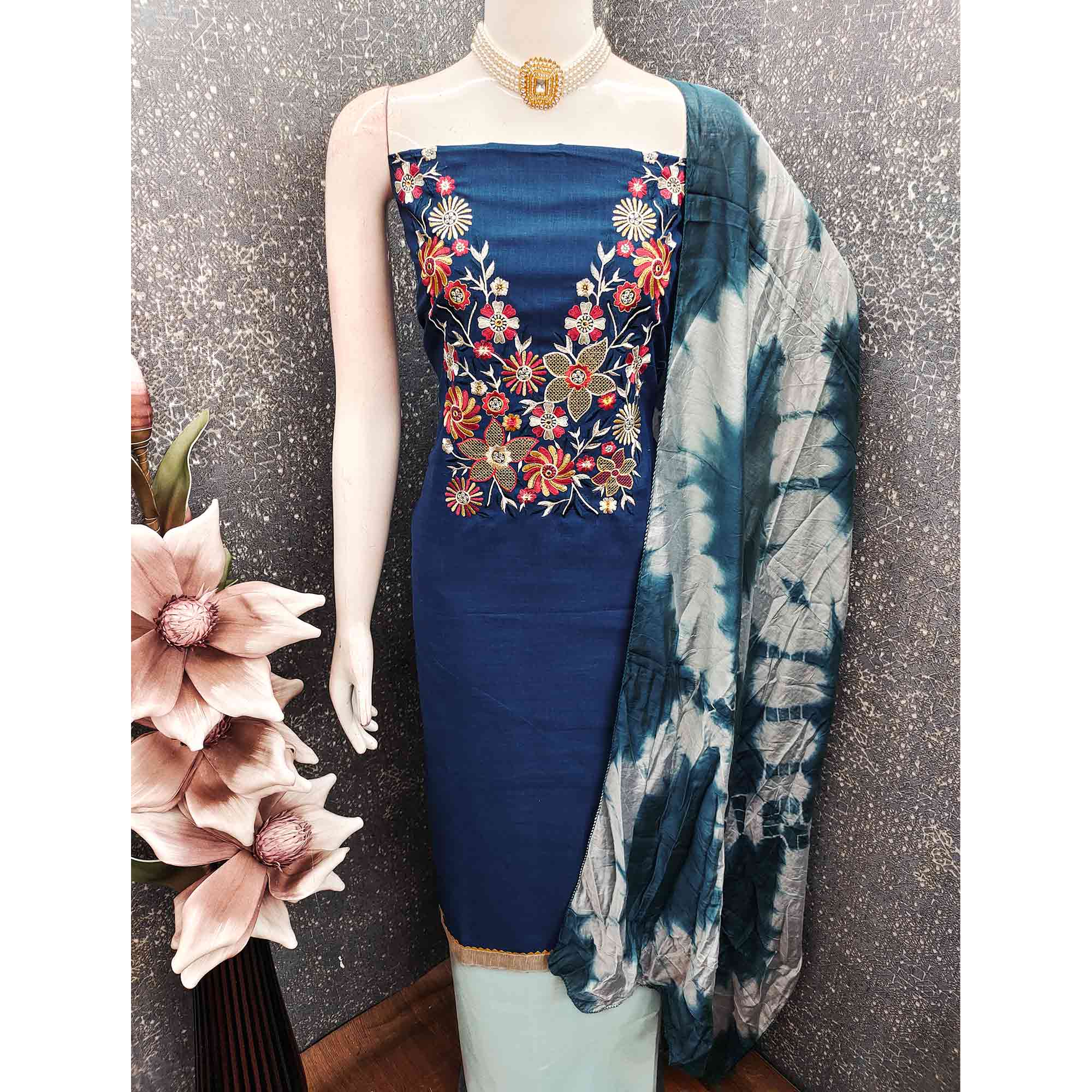 Elegant Blue Floral Thread Embroidered Cotton Blend Dress Material With Gota Patti Work - Image 7