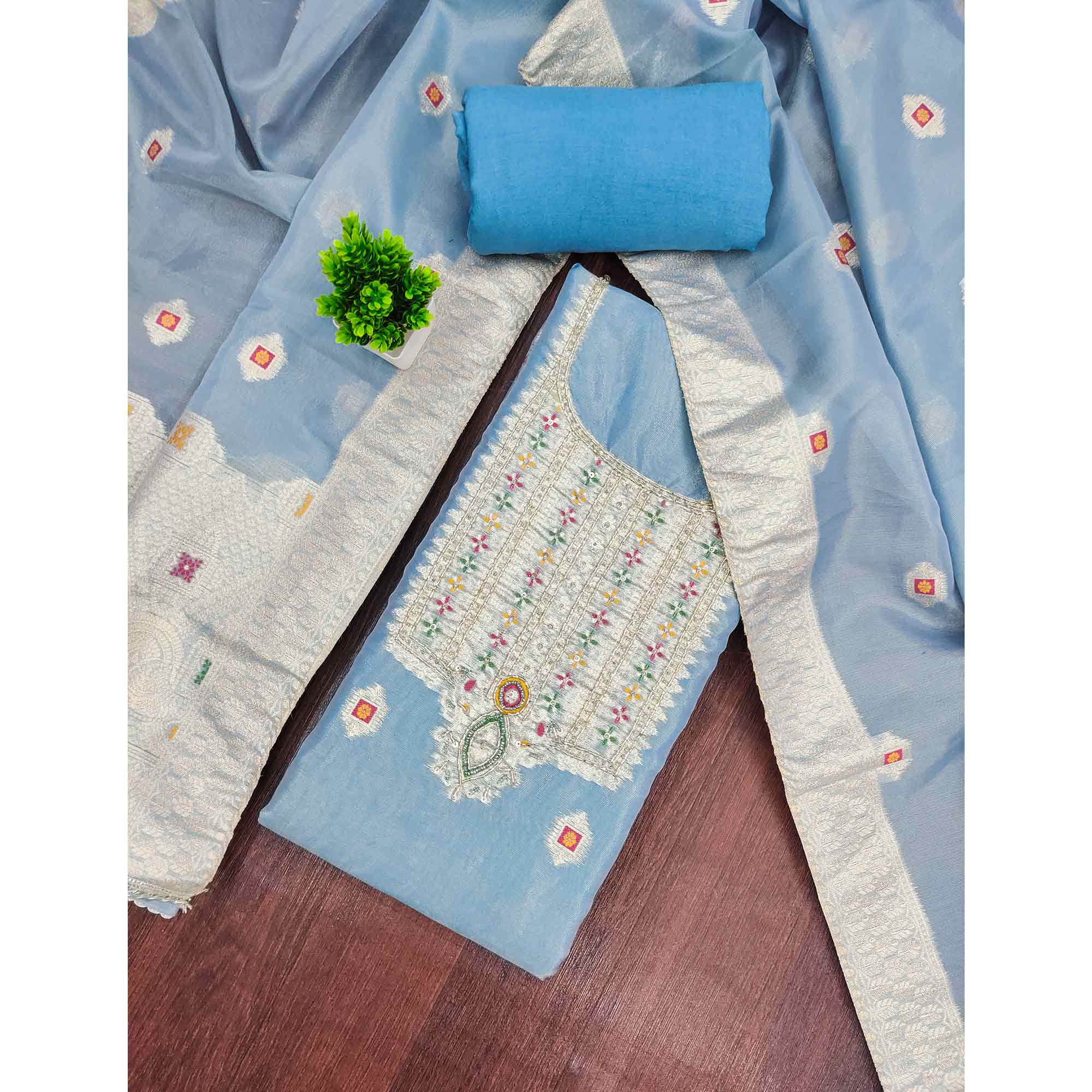 Elegant Blue Floral Weaving Shimmer Banarasi Dress Material With Beads & Sequins Neckline Work - Image 3