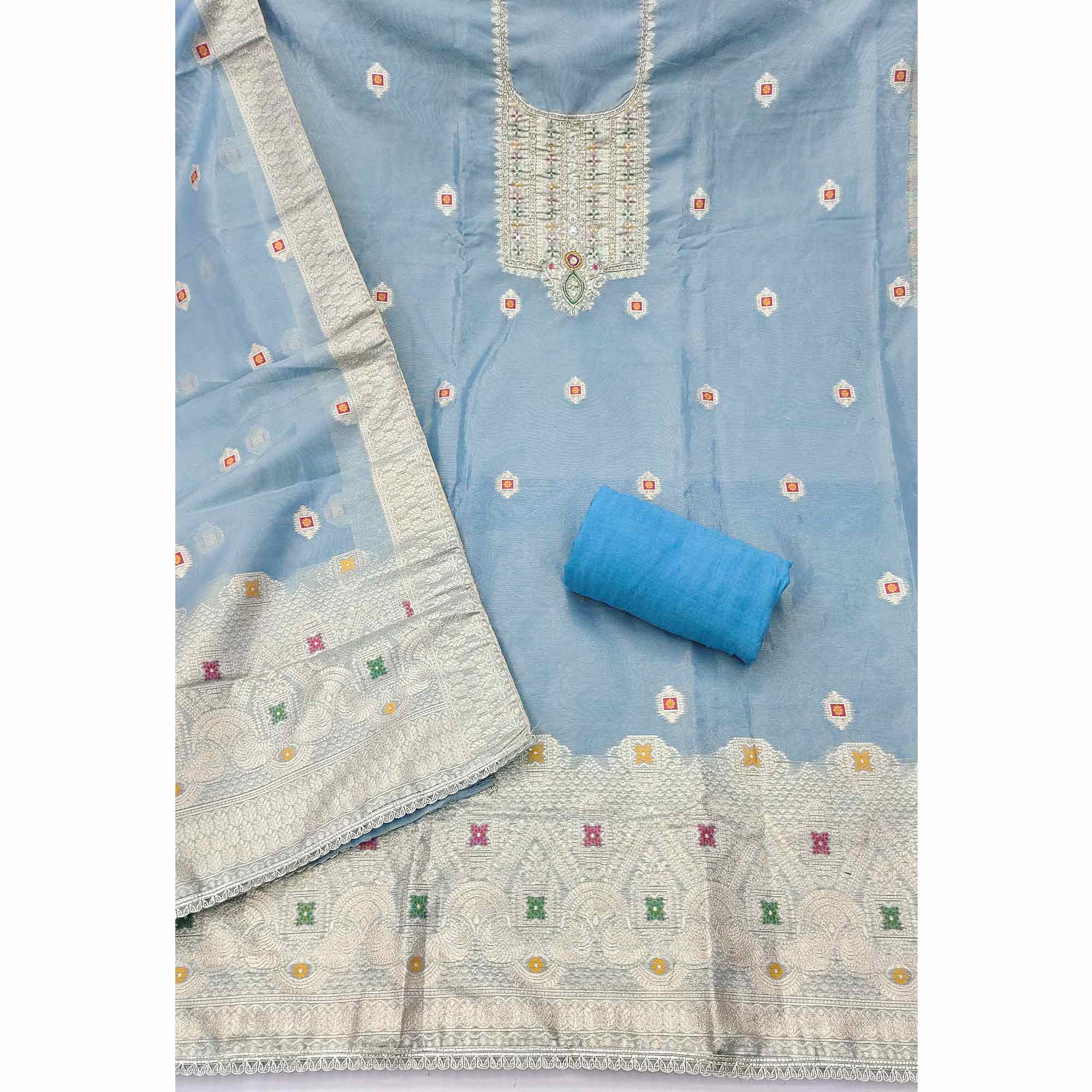 Elegant Blue Floral Weaving Shimmer Banarasi Dress Material With Beads & Sequins Neckline Work - Image 4