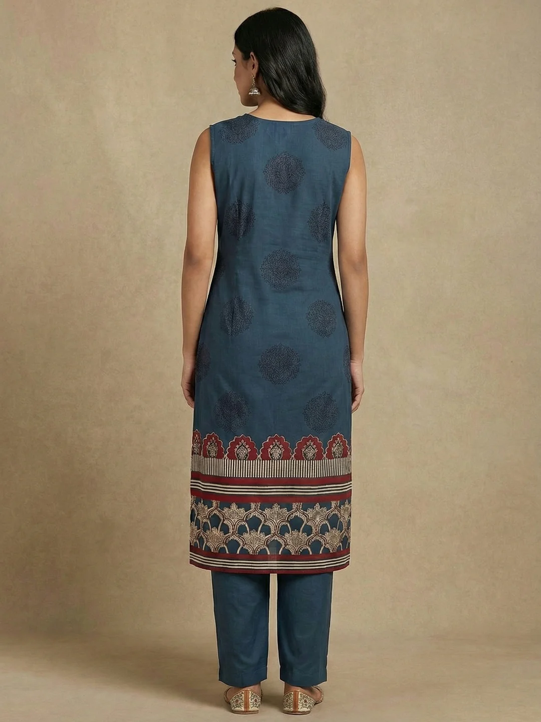 Elegant Blue Geometric Panel Printed Pure Cotton Straight Fit Salwar Suit - Image 3