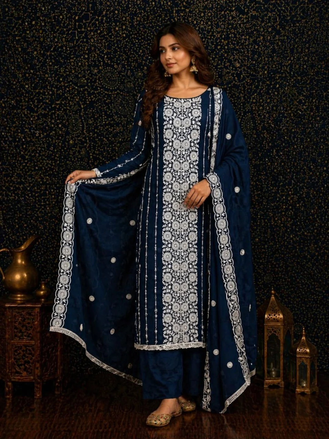 Elegant Blue Georgette Embroidered Unstitched Suit Material