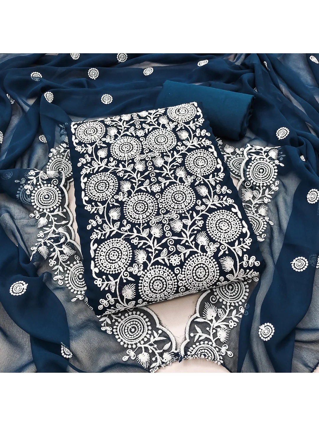 Elegant Blue Georgette Embroidered Unstitched Suit Material - Image 2