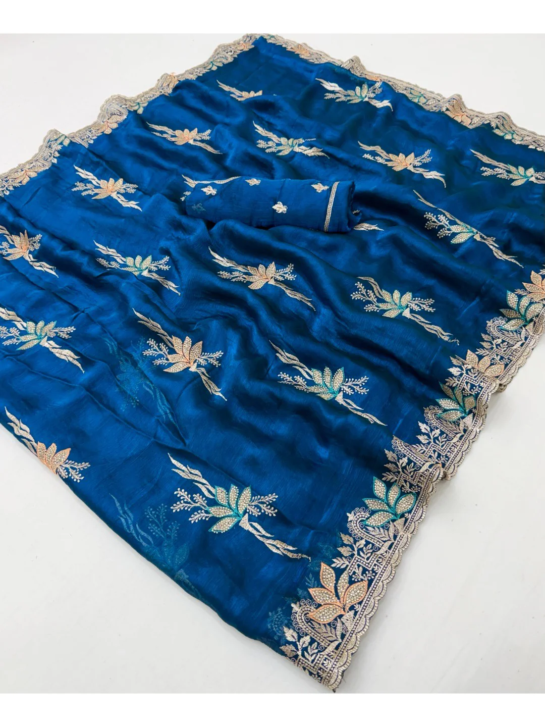 Elegant Blue Satin Saree with Designer Embroidery and Stone Work - Image 2