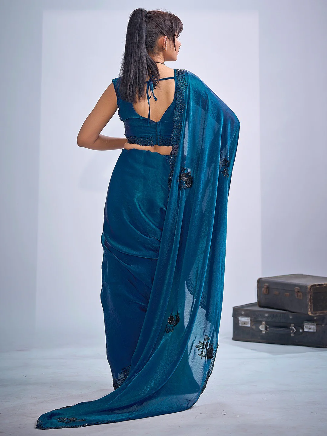 Elegant Blue Satin Silk Saree With Stonework Combined With Cut Dana & Sequin Applic Design - Image 3