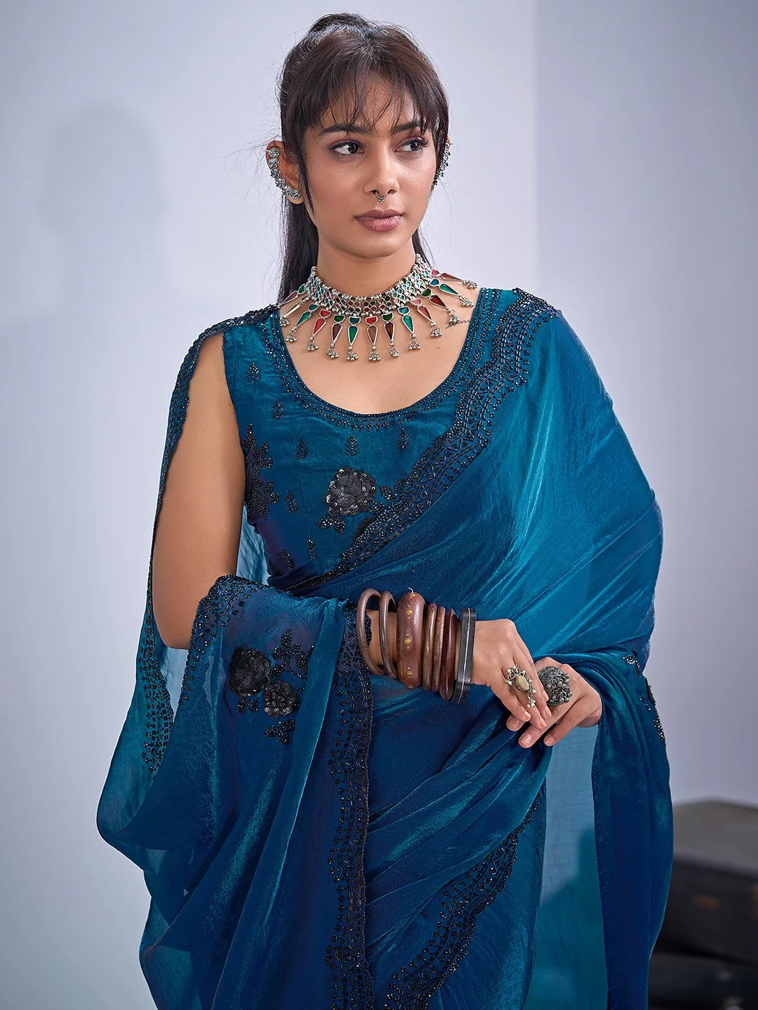 Elegant Blue Satin Silk Saree With Stonework Combined With Cut Dana & Sequin Applic Design - Image 5