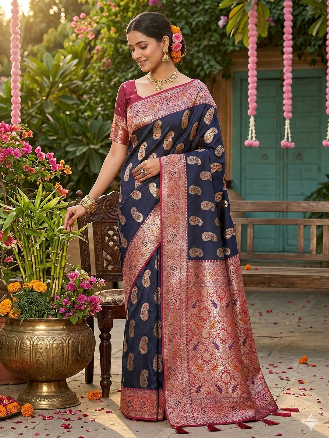 Elegant Blue Silk Blend Saree with Paisley Design