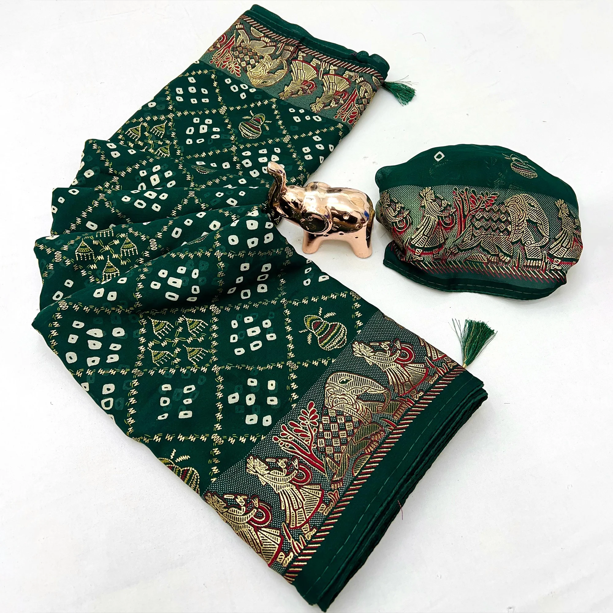 Elegant Bottle Green Bandhani Foil Printed Georgette Saree Highlighted With Soft Tassel Pallu