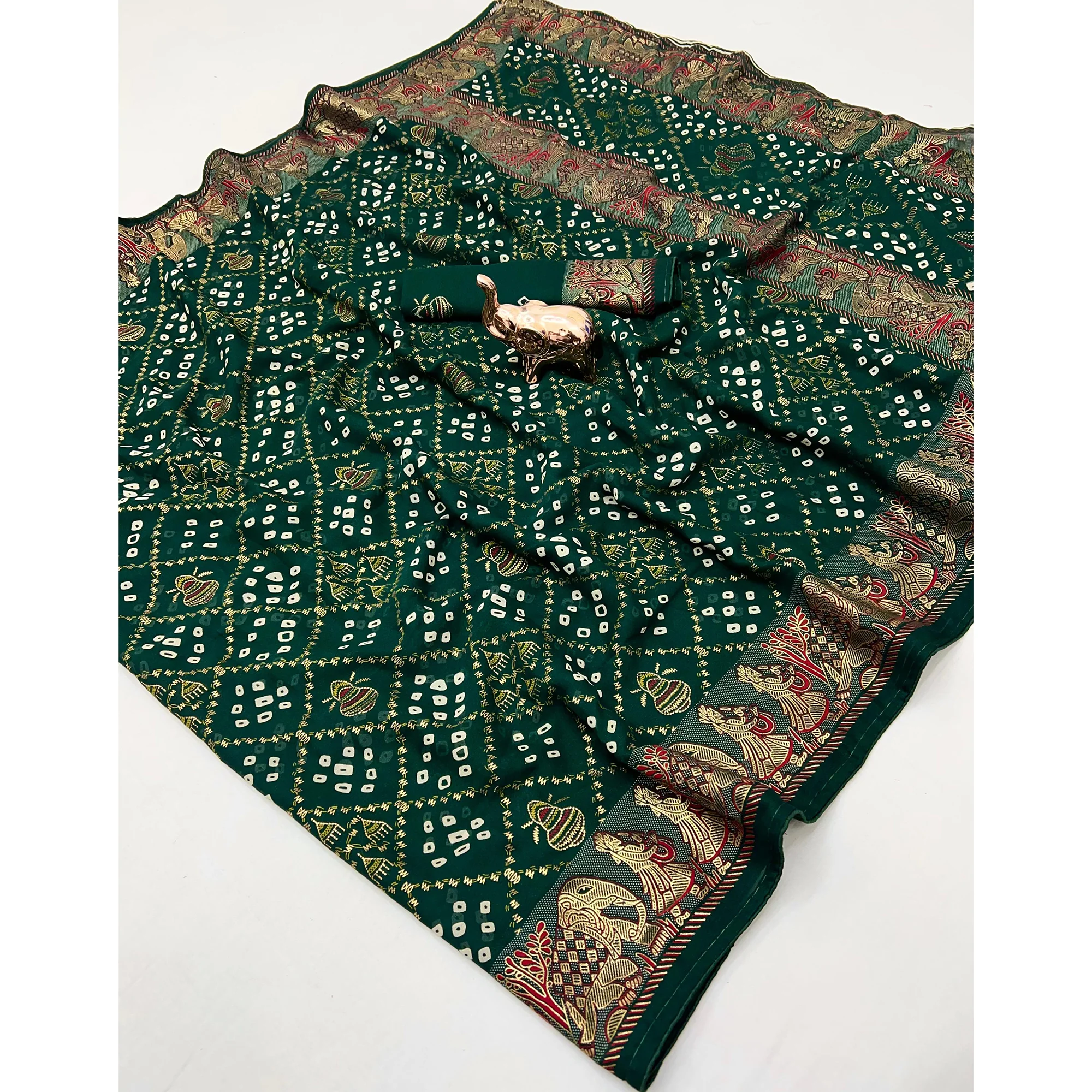 Elegant Bottle Green Bandhani Foil Printed Georgette Saree Highlighted With Soft Tassel Pallu - Image 3